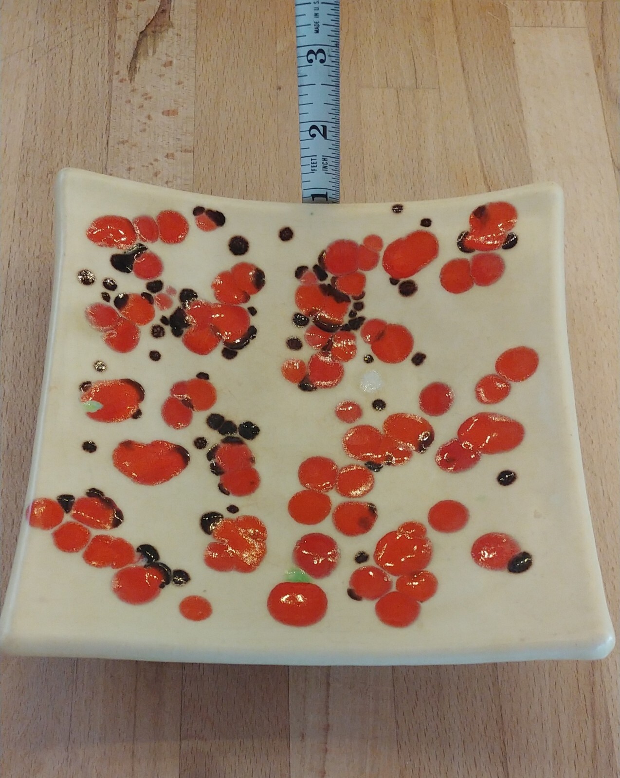 MCM Handmade Studio Art Pottery Curved Square Dish Orange Spotted Glaze 6.25 in²