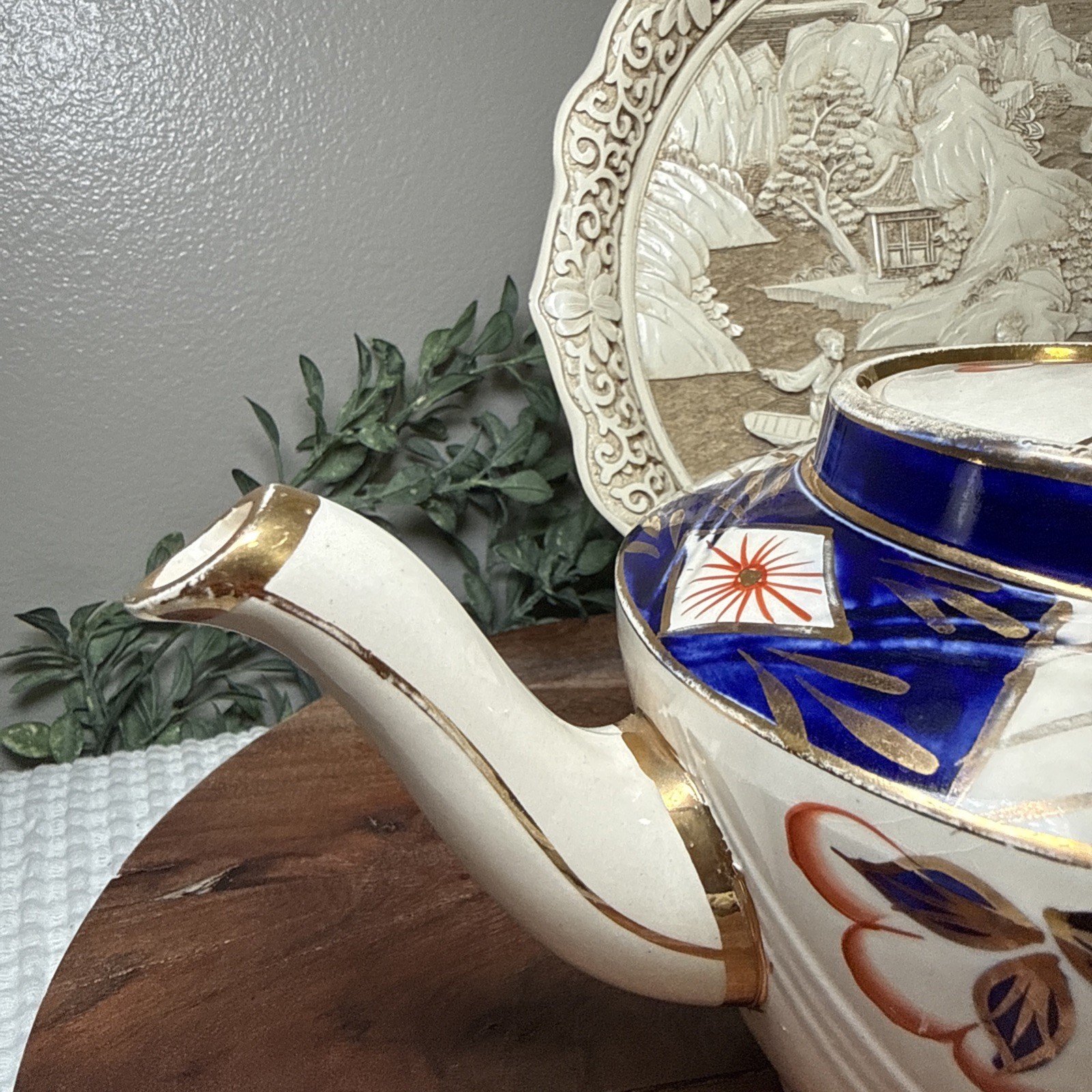 Sadler England Imari Floral Teapot Blue Rust Red Gold 10” Lid Chip Vintage