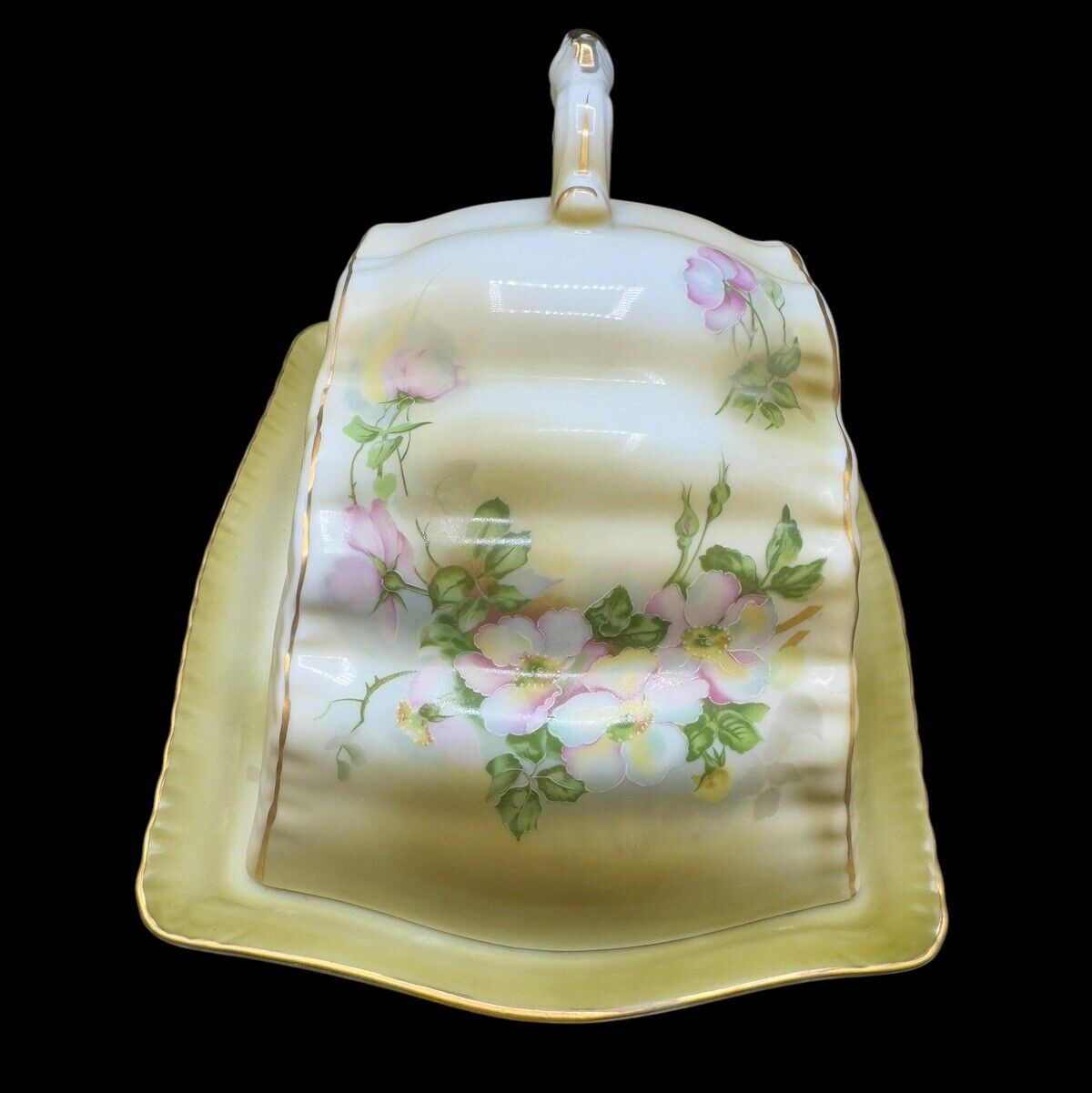 Exquisite Nippon Large Covered Cheese Butter Dish 7.5″ x 6″ Floral Rose