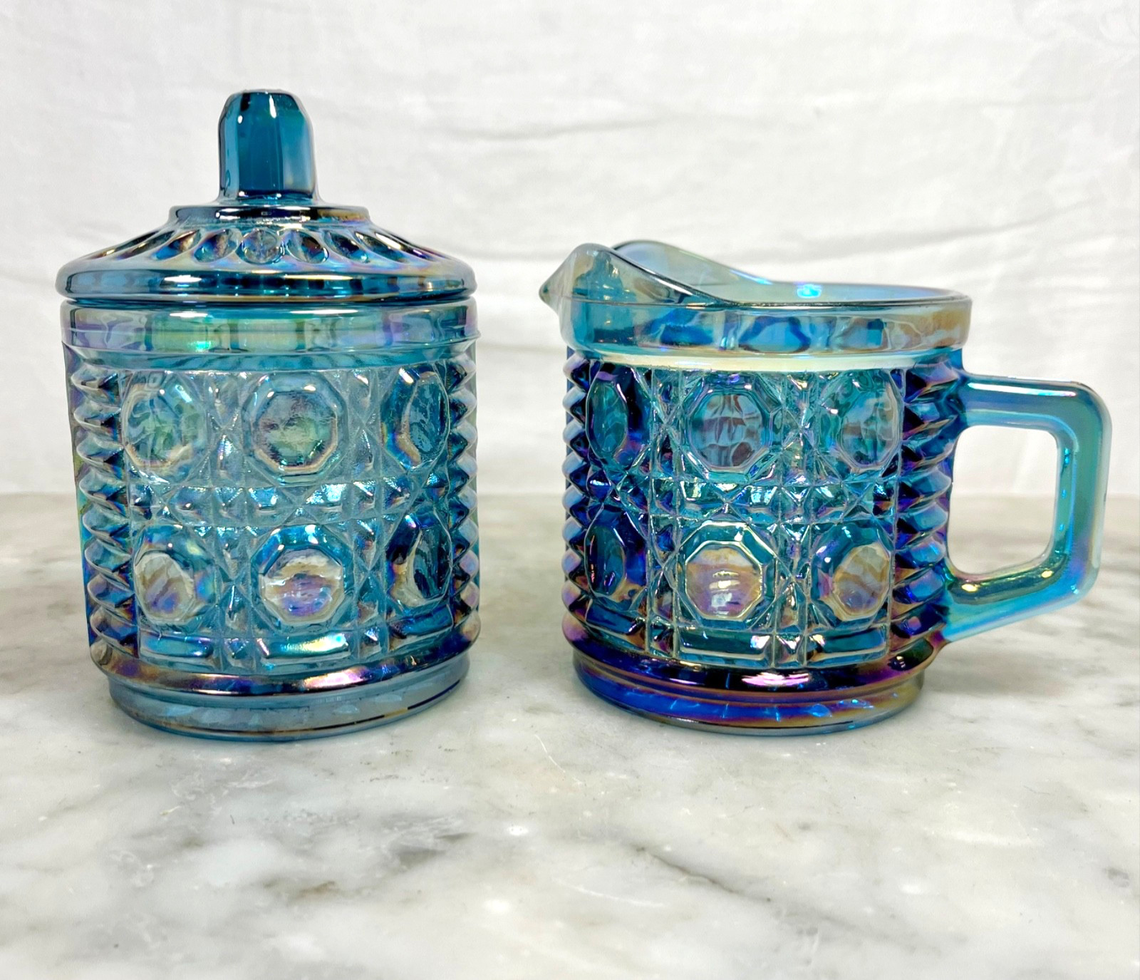VINTAGE! INDIANA GLASS WINDSOR BUTTON & CANE BLUE IRIDESCENT CREAM & SUGAR EUC