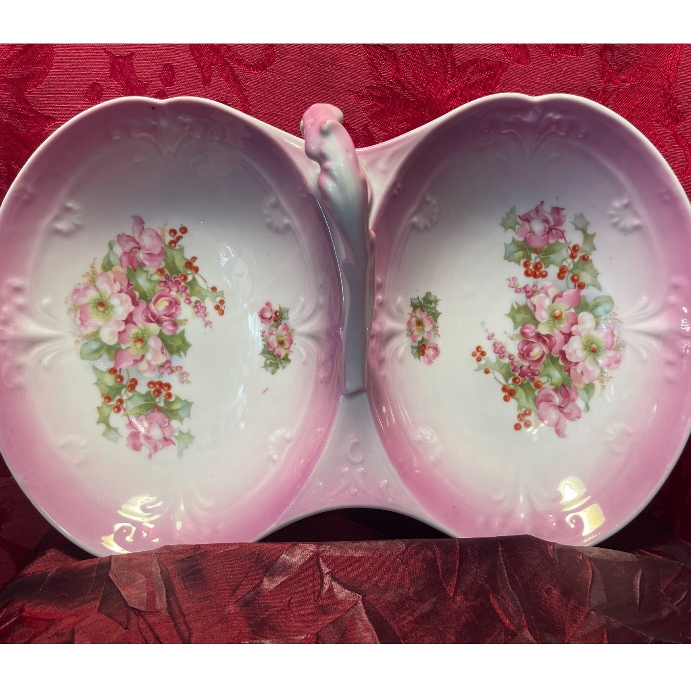 Carl Tielsch CT Pink Floral Porcelain Serving Dish 2 Section Vintage 60s Germany