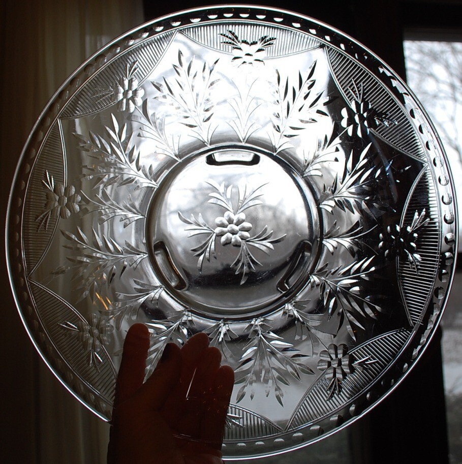 Vintage ROCK SHARPE Crystal FOOTED WIDE BOWL Clear Cut Floral & Dots 12.25″ EXC