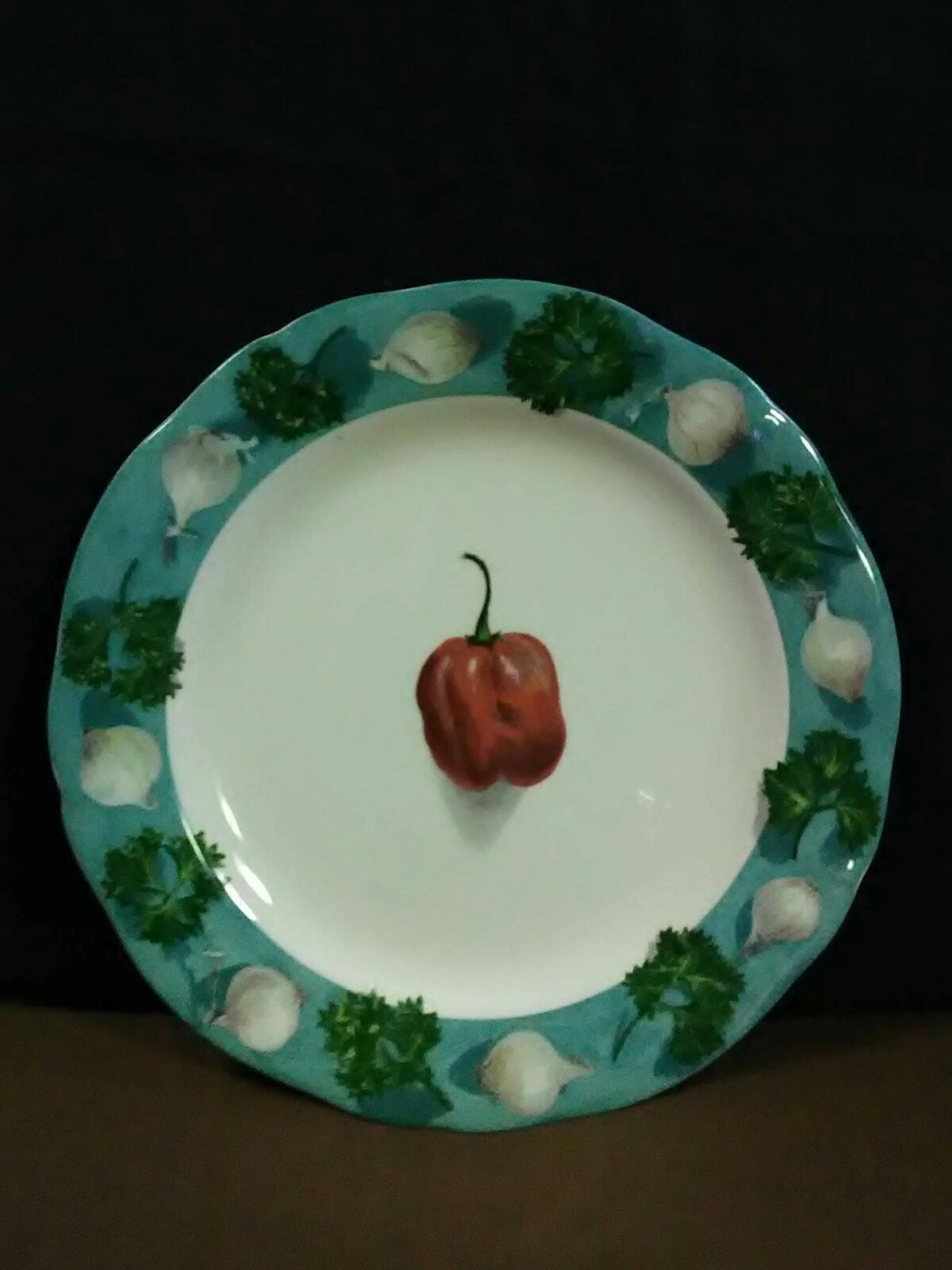 Vtg.Gien Poivre et Sel France Turquoise Border Red Pepper w/Shallots Salad Plate