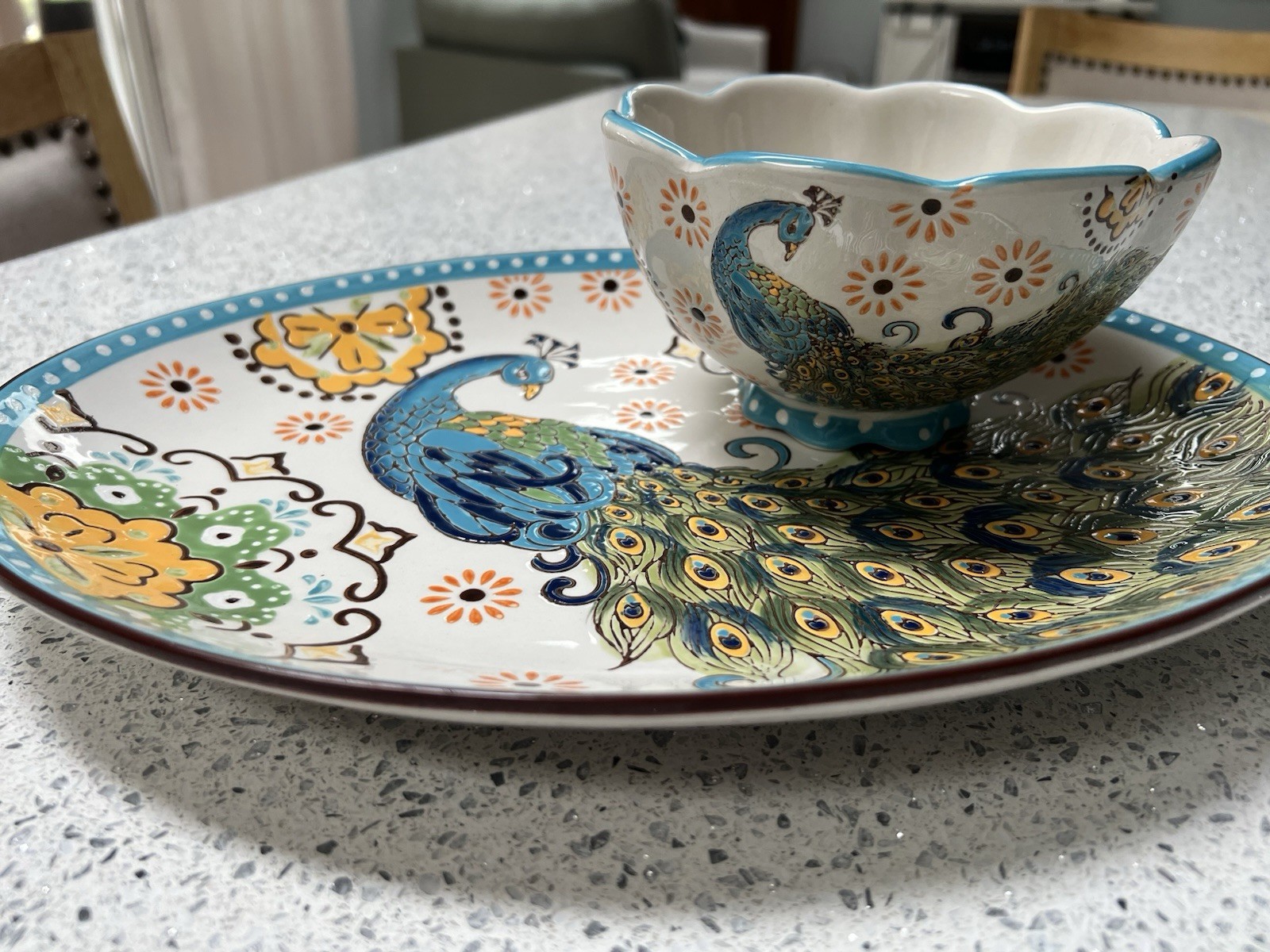 Artistic Accents Peacock Ceramic Oval Platter w/ Scalloped Bowl