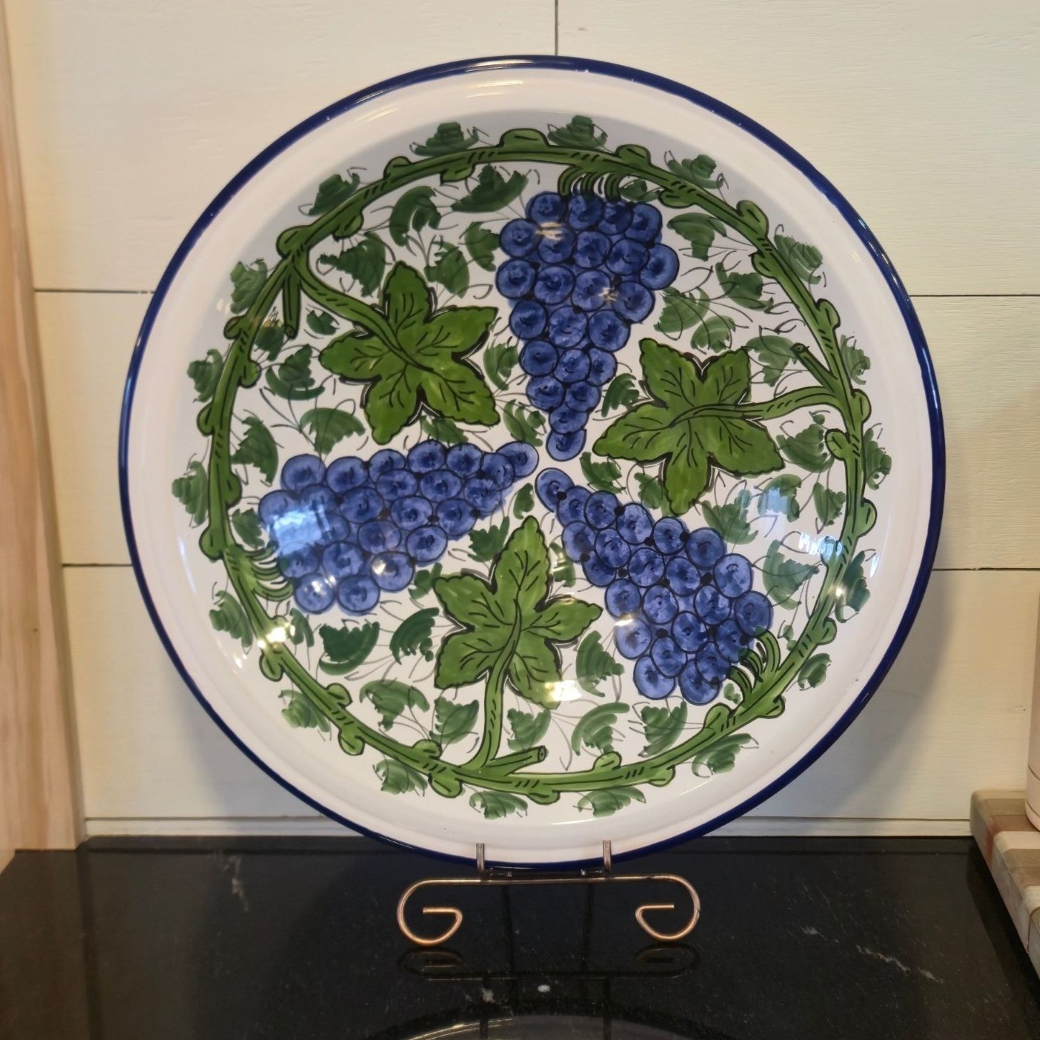Vintage Le Souk Ceramique Tunisian Hand-Painted Pottery Bowl Blue Grapes Leaves