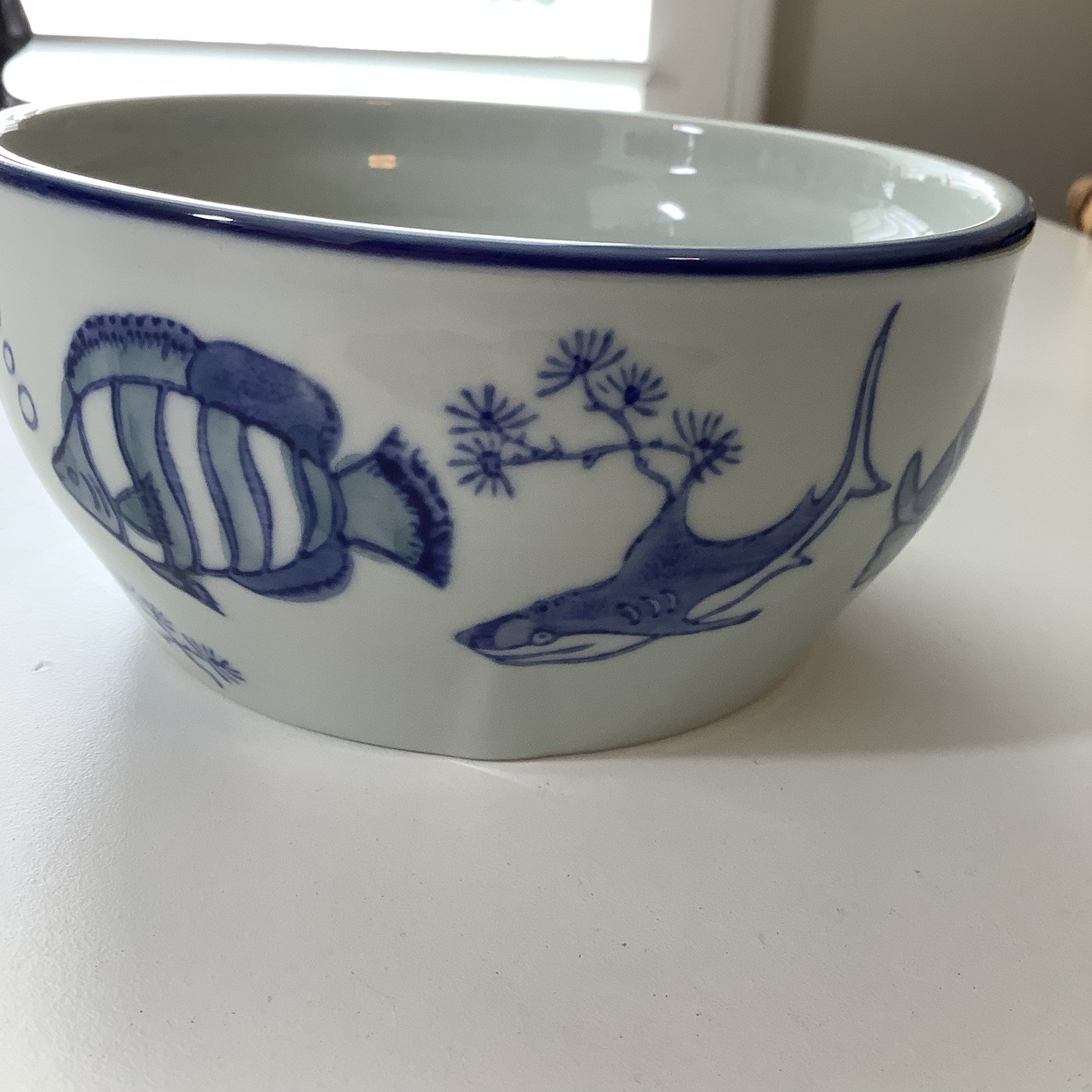 Yokohama Studio Hand Painted Bowl With Cobalt Blue Turtle And Fish Accents
