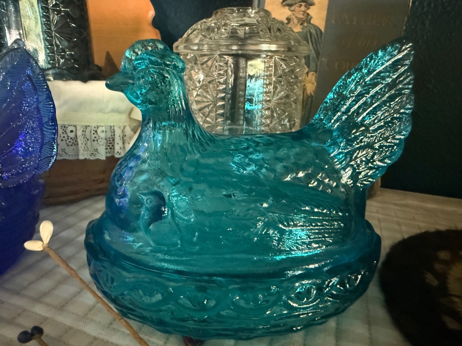 L.E. Smith Capri Blue Glass Large Hen On Nest