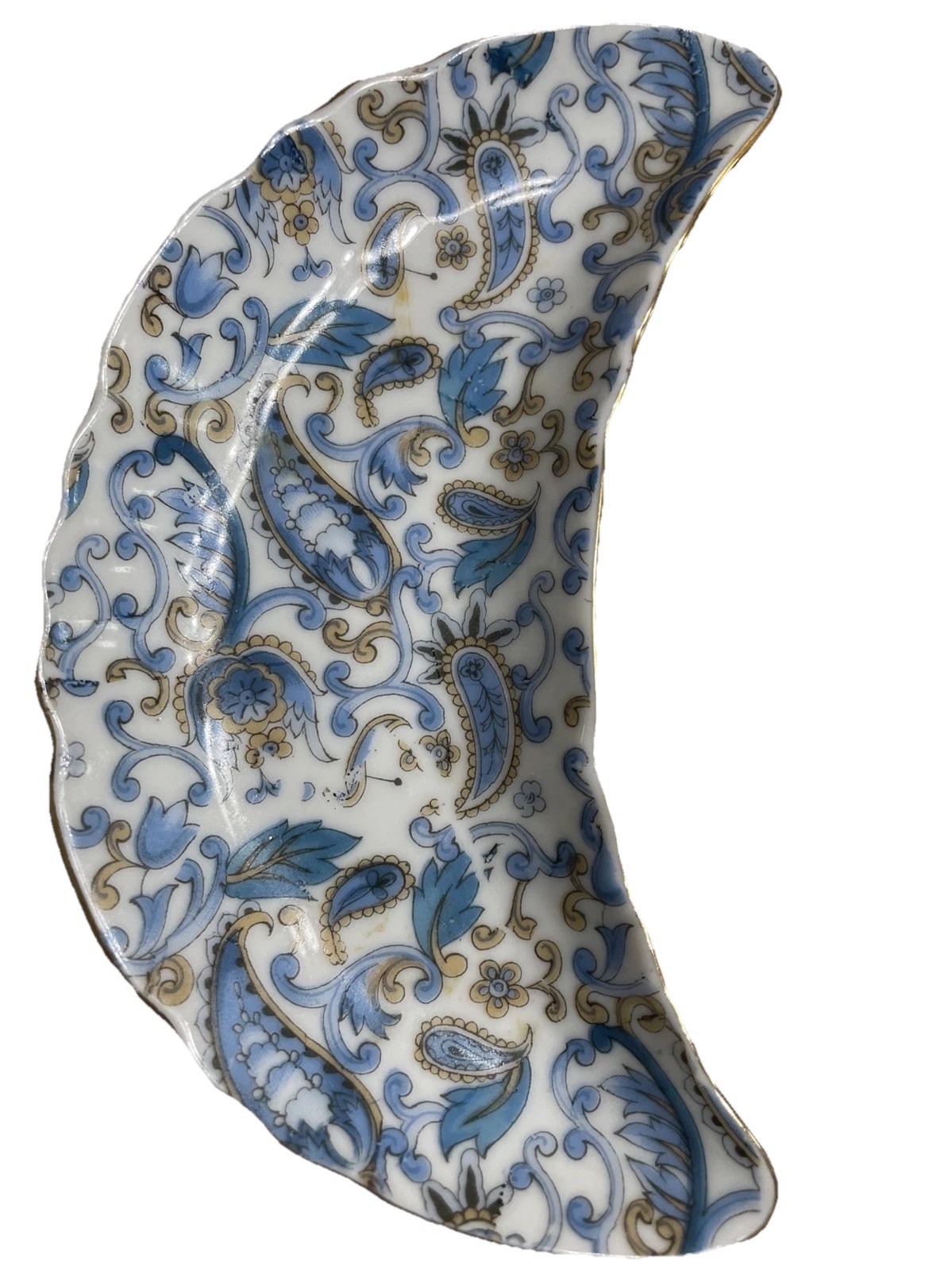 Crescent Bone China Dish Vintage Lefton China Blue & Gold Paisley 6.25 in Gilded