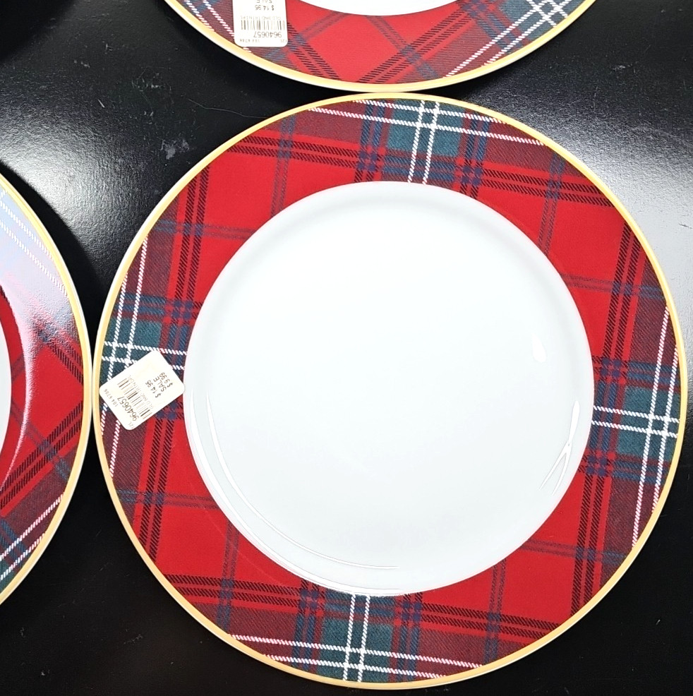 4) Williams Sonoma Gold Banded Tartan Dinner Plates Set Plaid Serving Dishes Lot