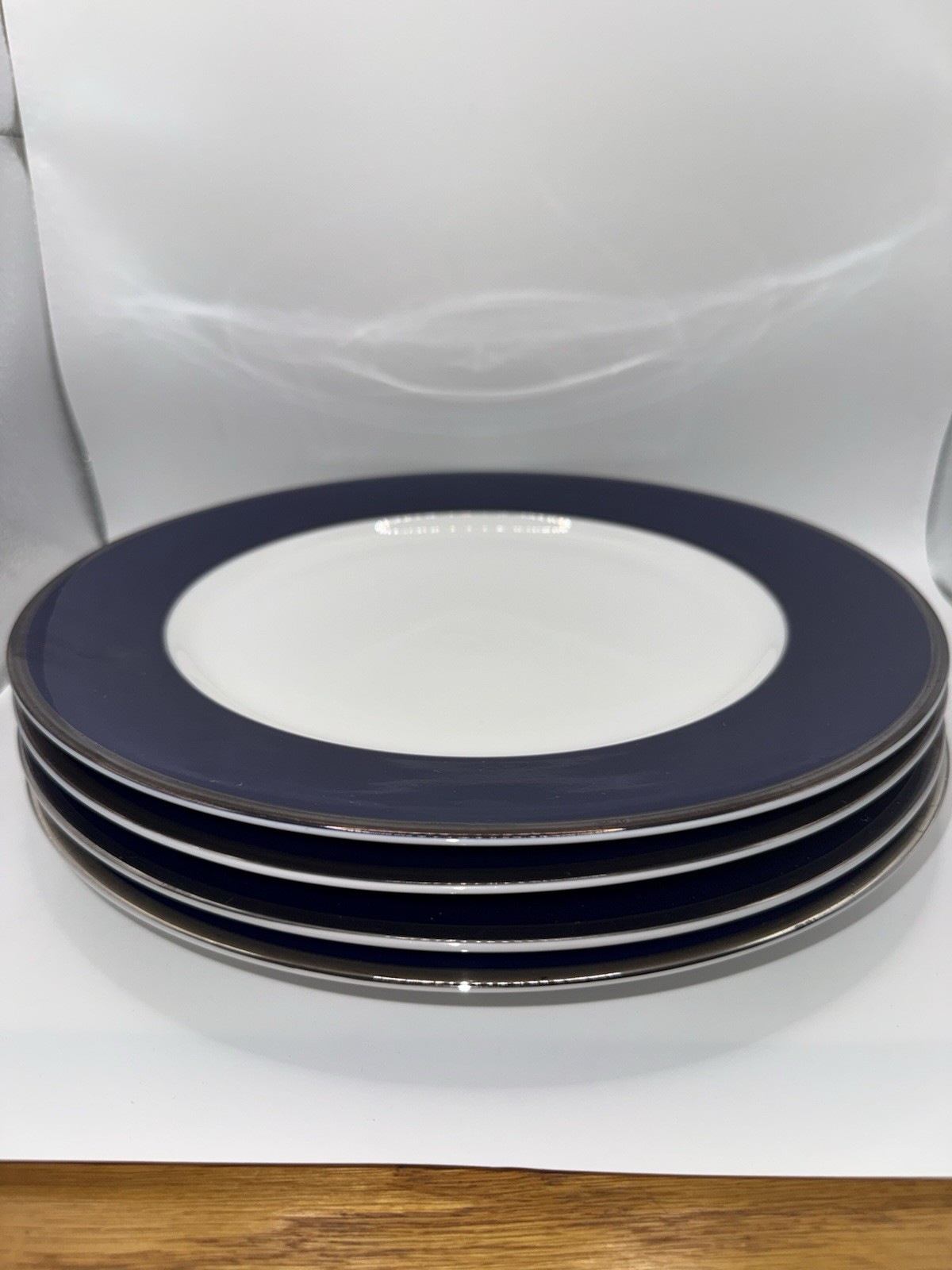 💙🩵 Crate & Barrel Platinum Cobalt Blue Dinner Plates Lot 3 Navy Silver White