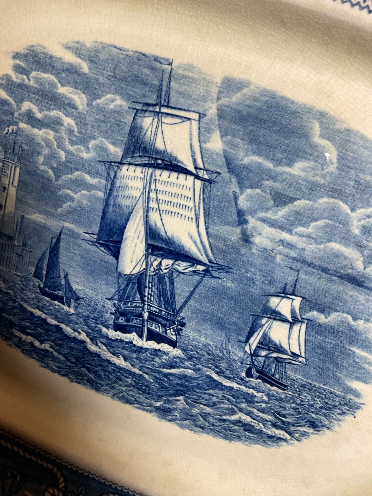 DEFECTIVE Antique Masons AMERICAN MARINE Ironstone Oval Blue 19 Platter G3D