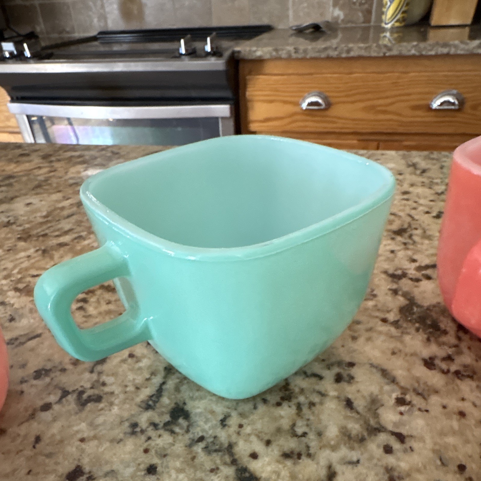 Glasbake J-2200 Set of 5 Milk Glass Stackable Square Handle Mugs 10 oz