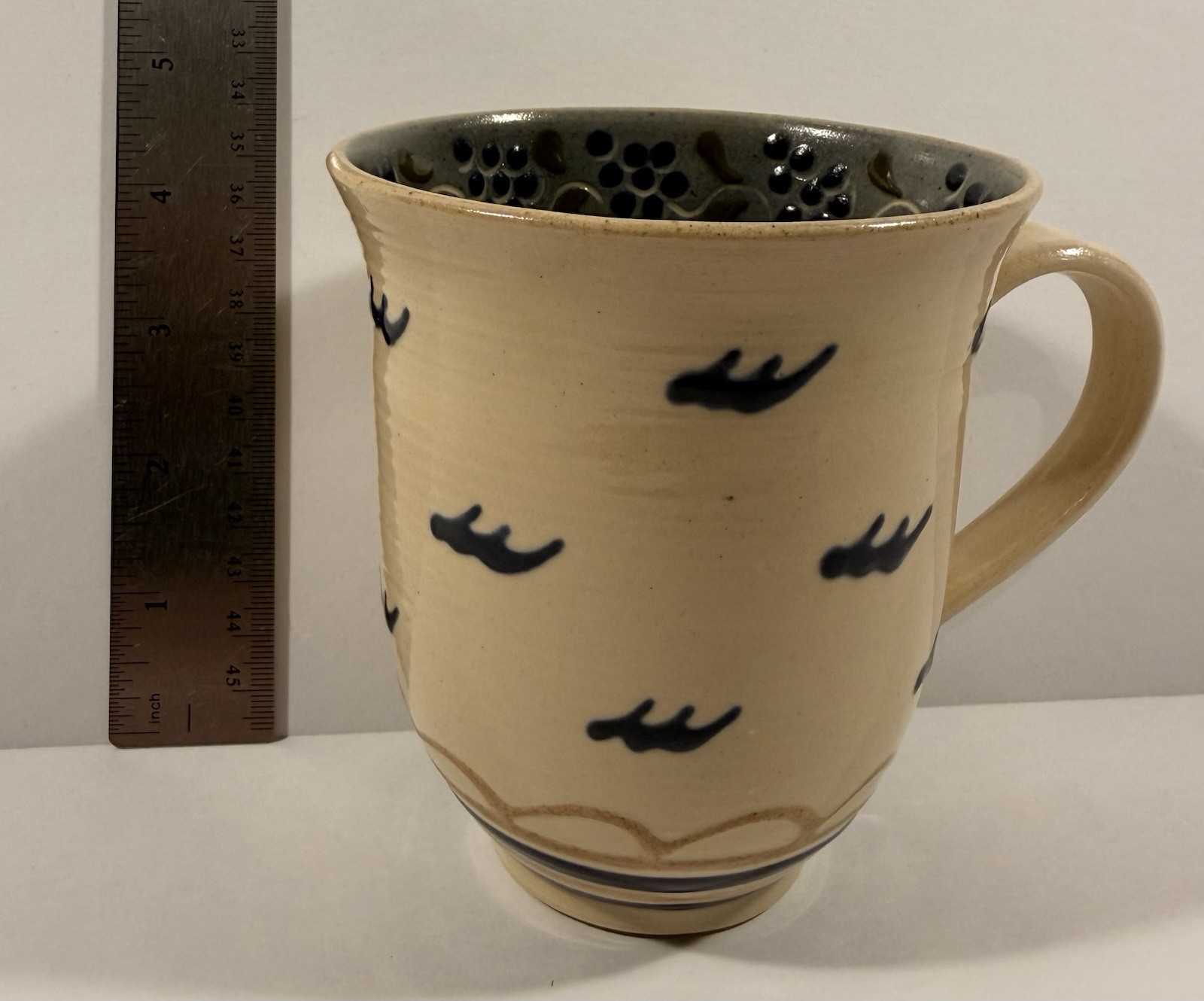 Gail Hardin 1997 Signed Studio Pottery Mug Kentucky Slip Trailed Berry Bird Clay