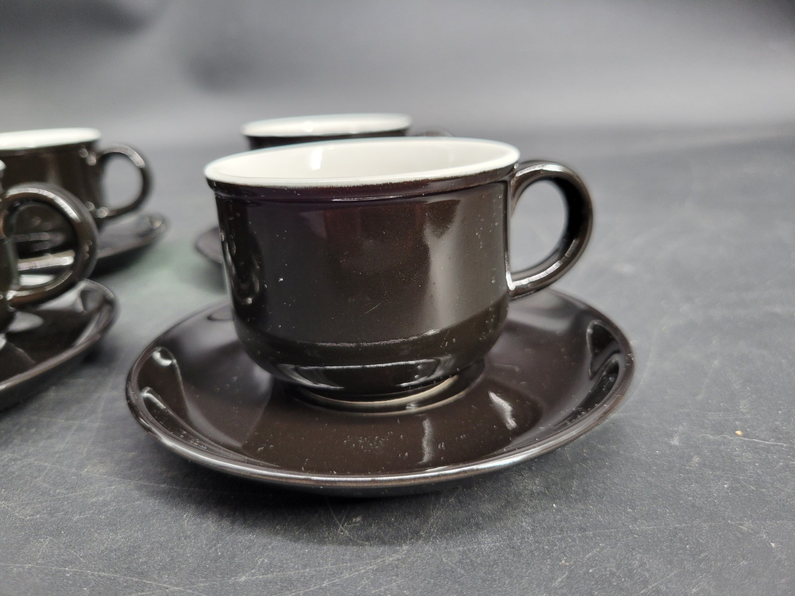 4 Black Glazed 2 1/8″ Teacup/Coffee Cup w/ Four 5″ Saucer Sets 8-Pieces Total