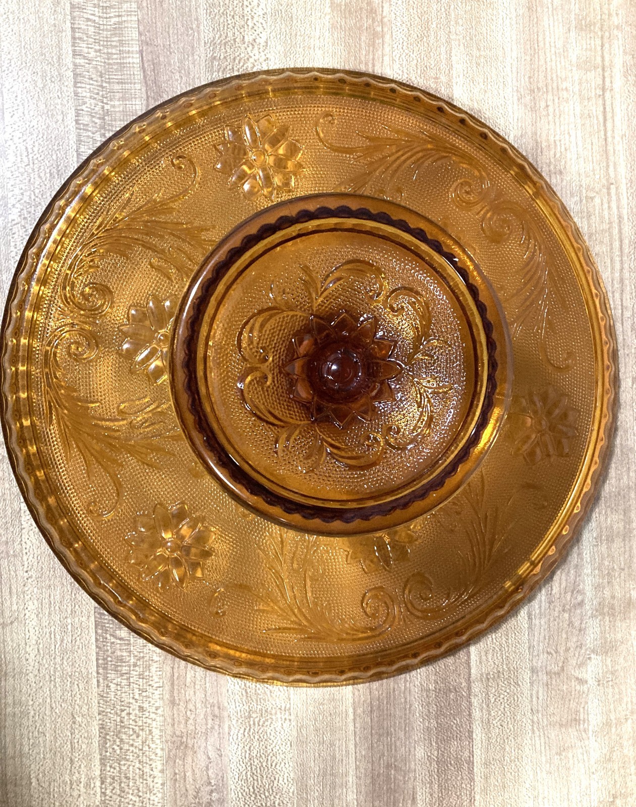 Indiana Glass Tiara Amber 10″ Cake Platter on 3 1/2″ Pedestal