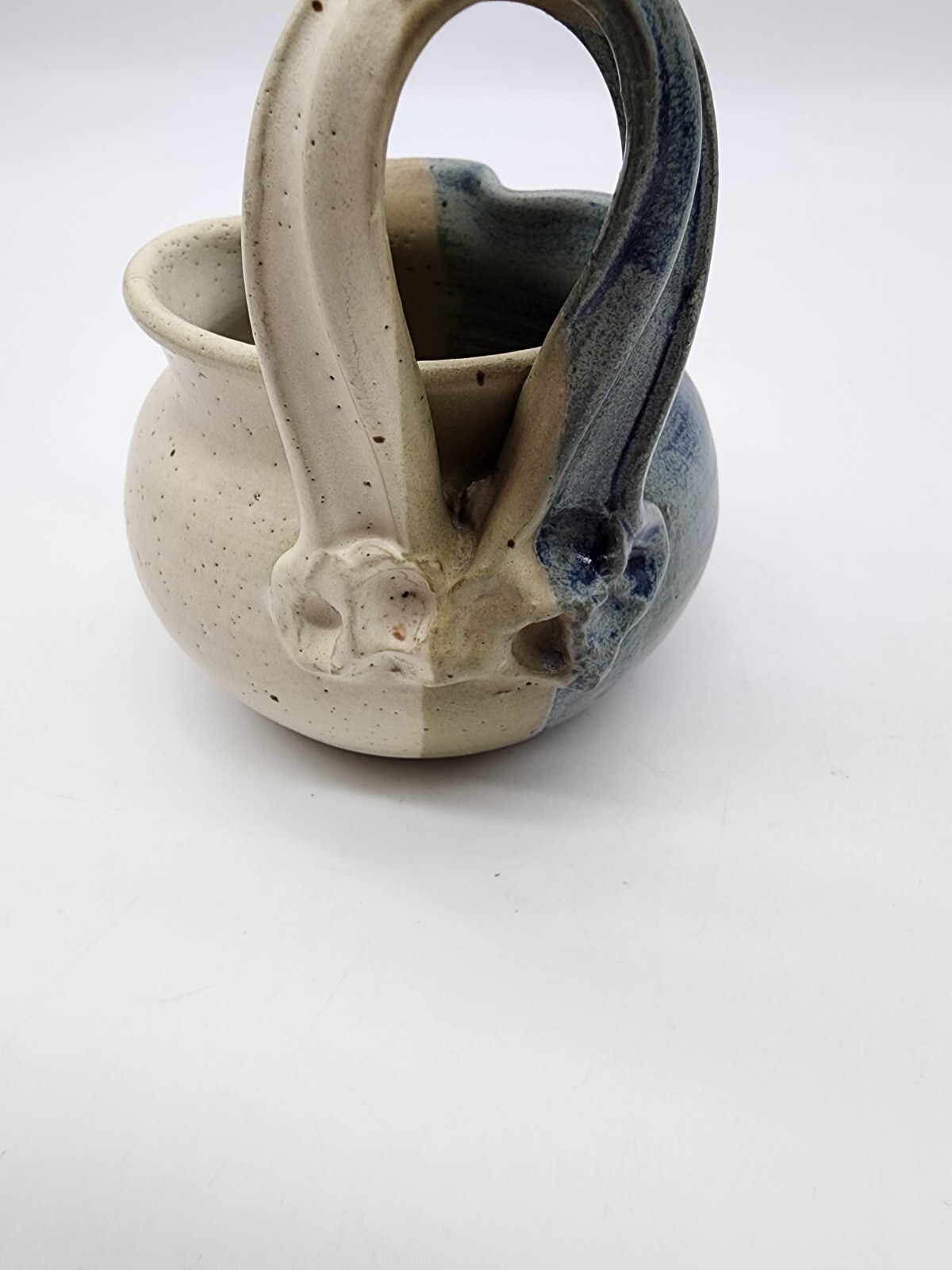Art Pottery Small Pitcher creamer Signed Blue Tan white unique Shape