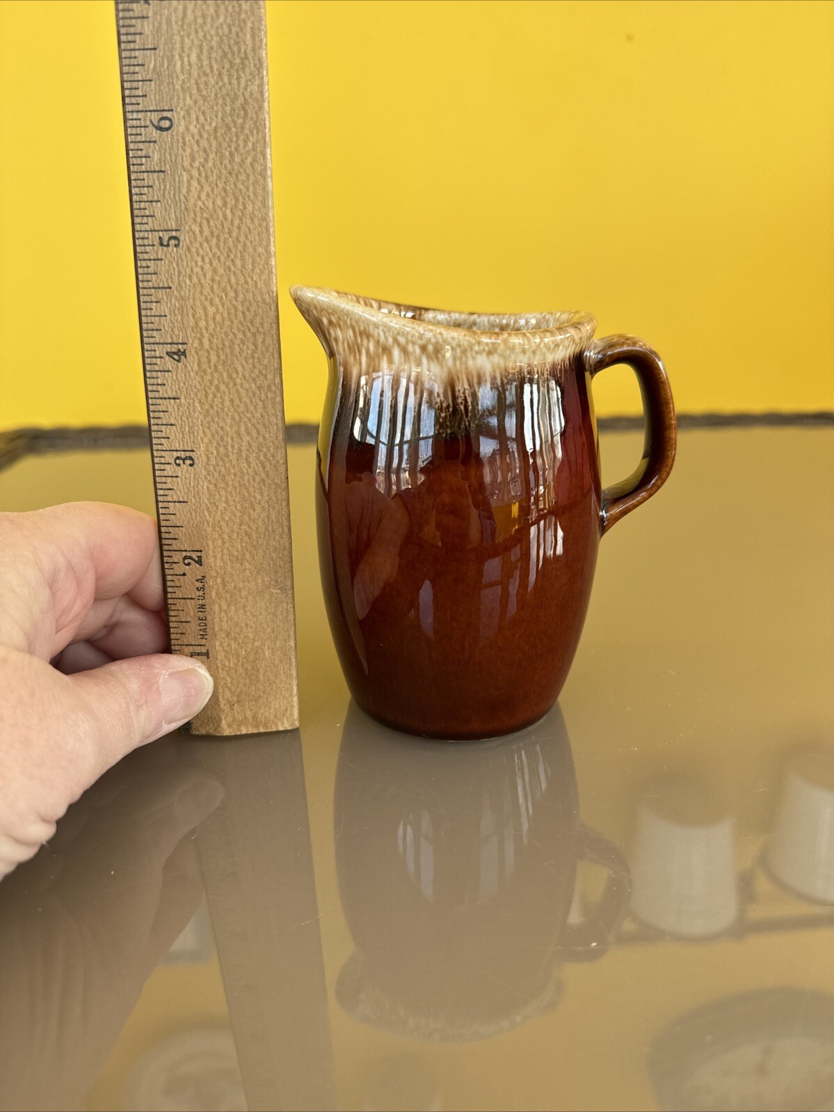 Vintage Hull Pottery Brown Stoneware Drip Glaze Pitcher Style Creamer 4.25”
