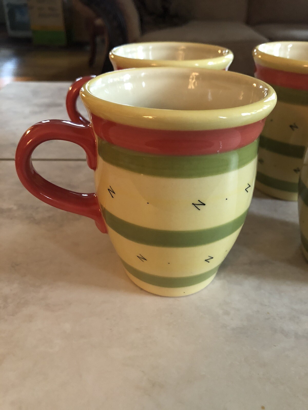 Pfaltzgraff Pistoulet 4-1/2″ Red Banded Mug Set By Jana Kolpen (4) Nice!