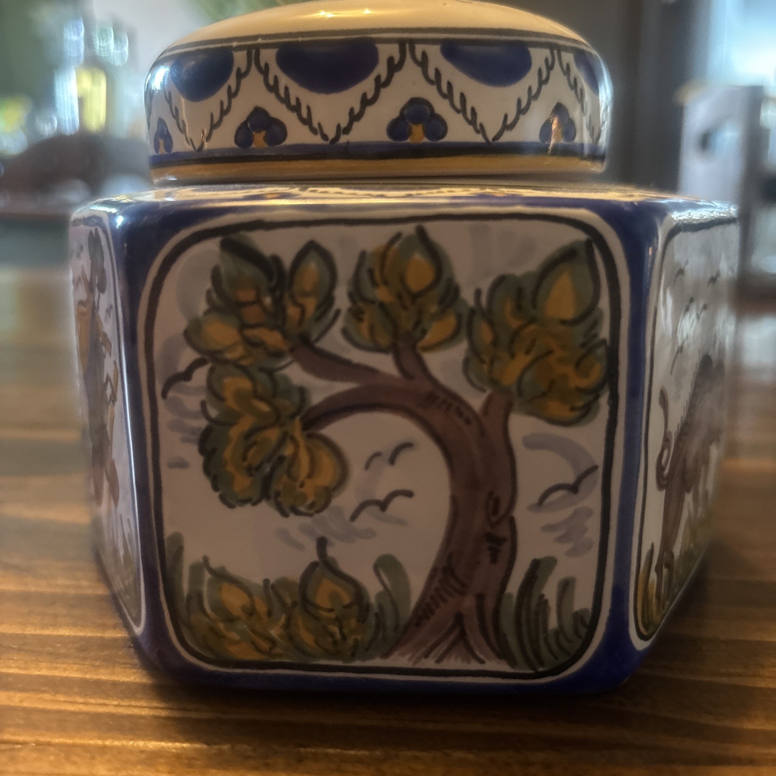 Vintage COIMBRA Style Portugal Pottery Hexagon Ginger Jar w/ Lid