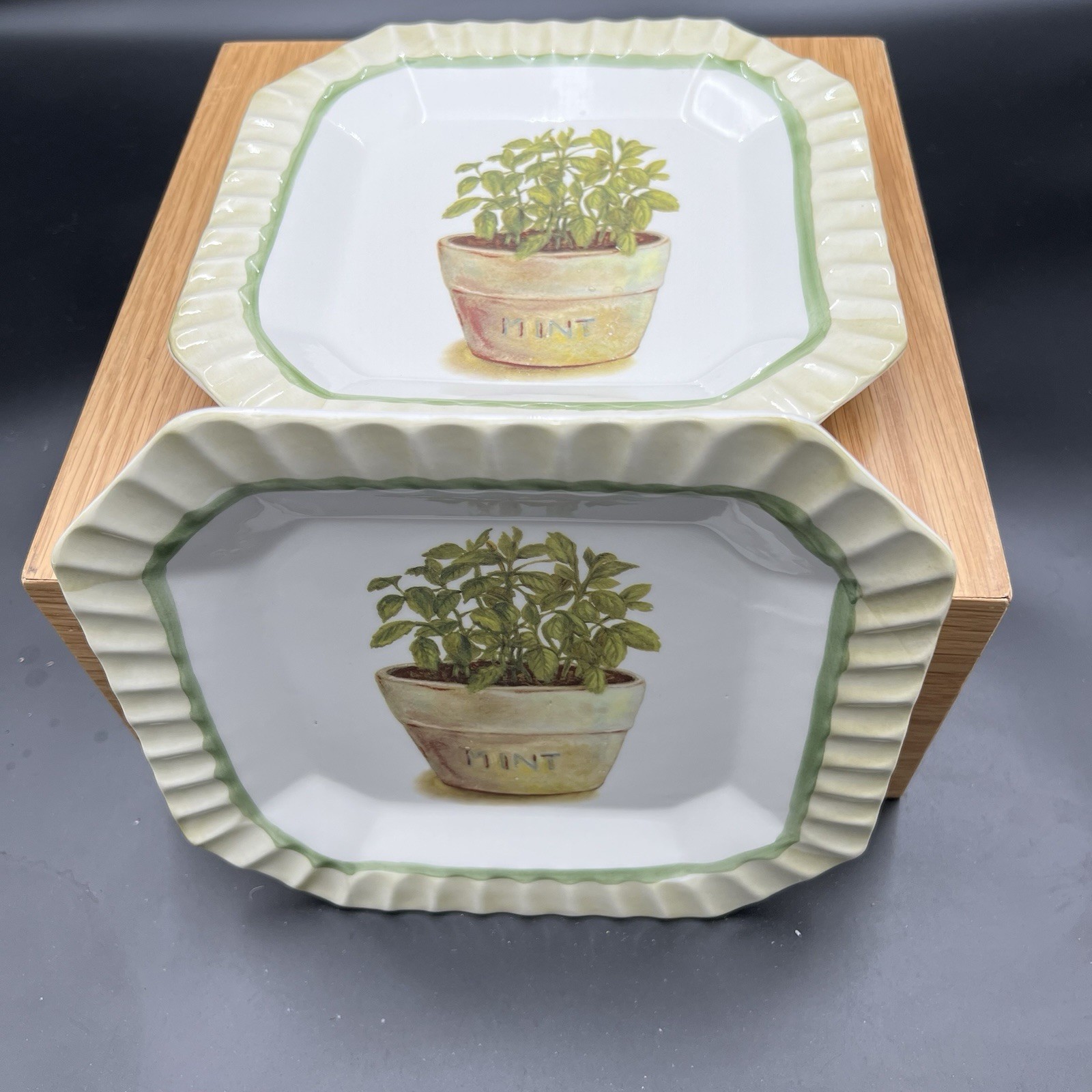 Vintage Ceramica Due Torri Mint Herb Plate Square 9” Italy Set of 2