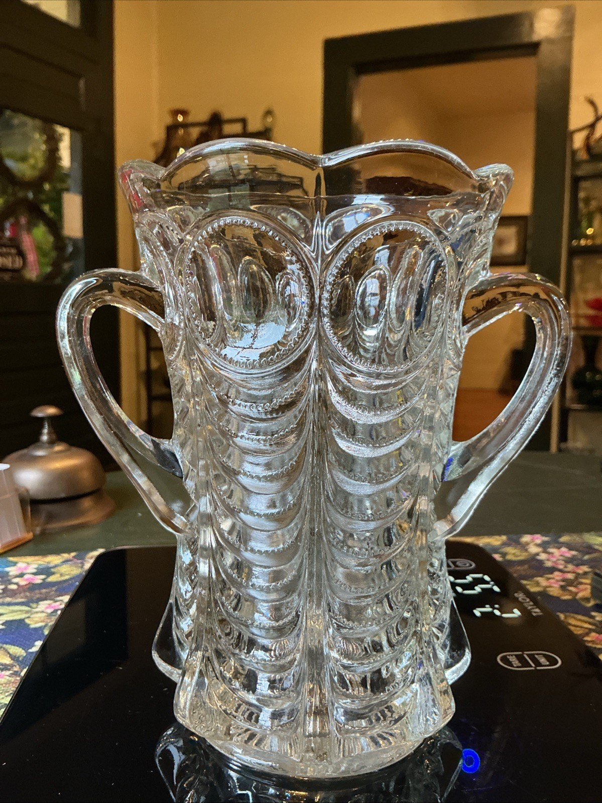 Antique EAPG 7″ Celery Vase Ohio Flint Circle Swag Double Handle