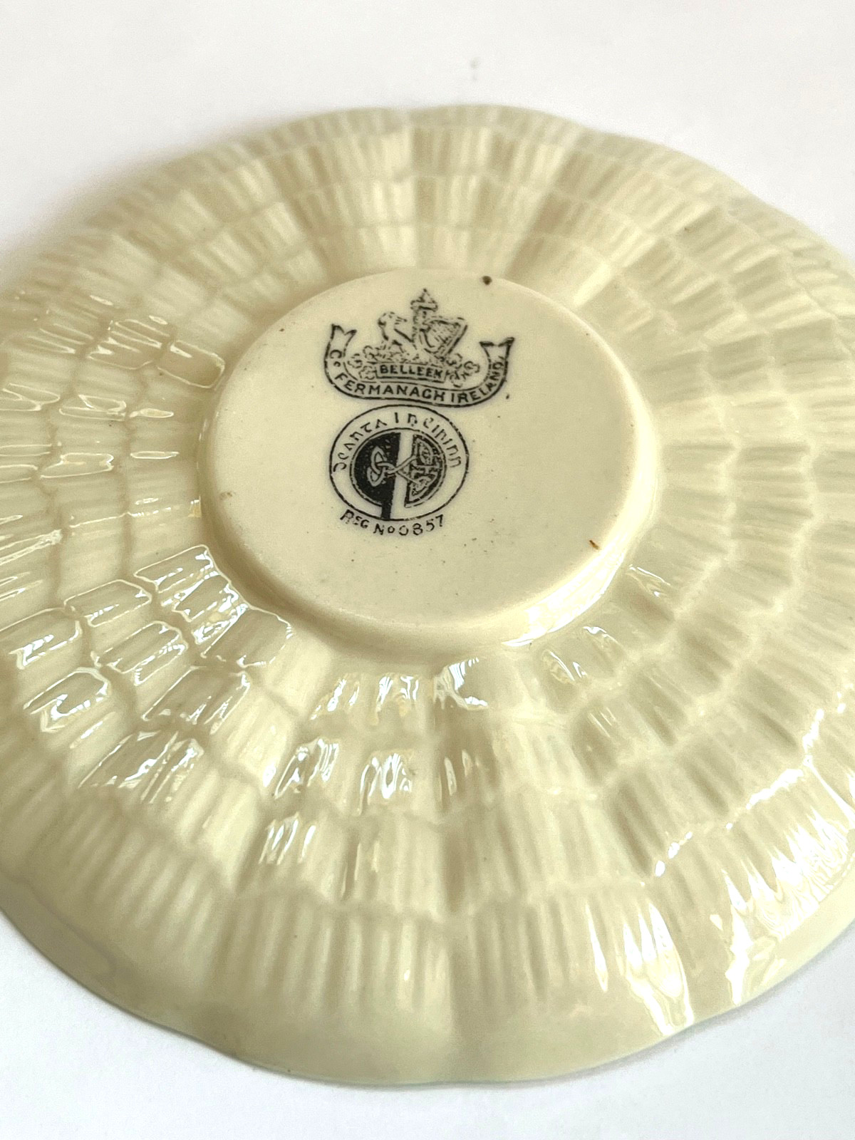 IRISH BELLEEK Green Tint TRIDACNA Cup & Saucer – 3rd Black Mark (1926-1946)