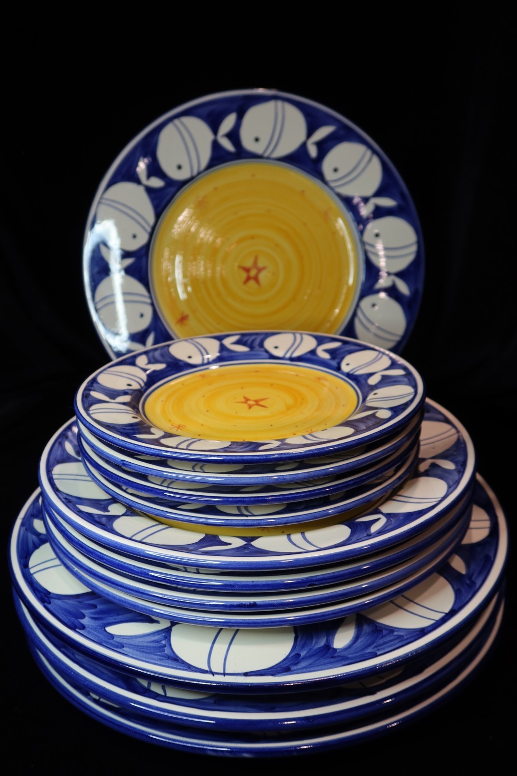 Portugal White Fish on Cobalt Blue Border Yellow Center 12 Pieces Hand Painted
