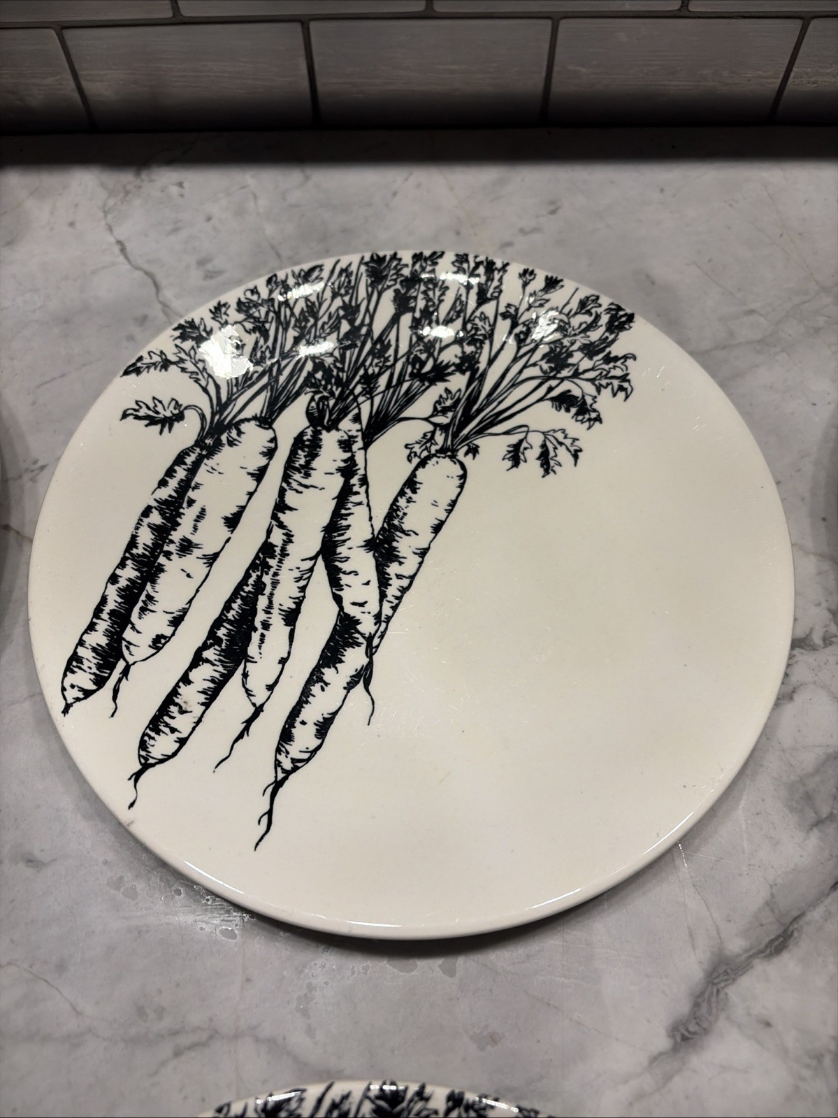 Creation Val d’Or Black & White Vegetable Botanical Plates 9.375” Diam. Set Of 6