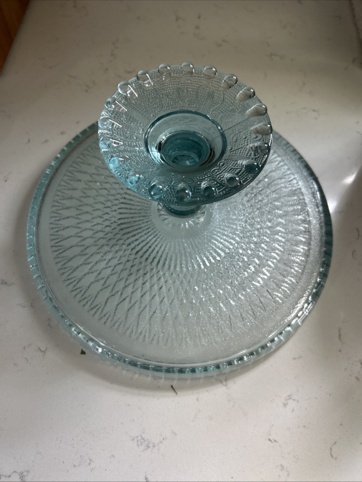Vintage Jeannette Ice Blue Glass Harp Beaded Edge Pedestal Cake Stand 10”