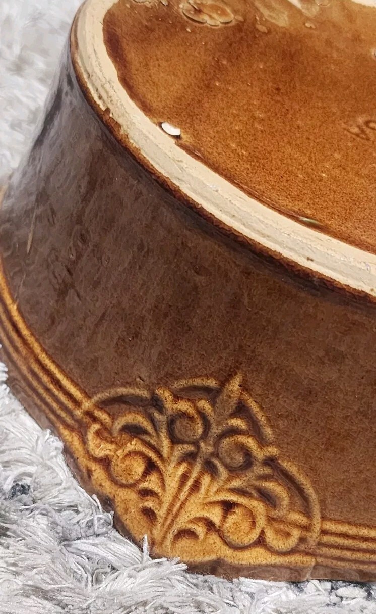 Vintage Light Brown Stoneware Lidded Bowl With Embossed design USA