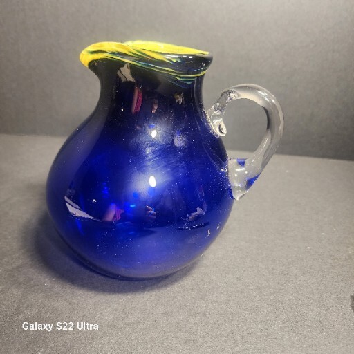 Hand Blown Art Glass Cobalt Blue Pitcher / Yellow W/ Applied Clear Glass Handle
