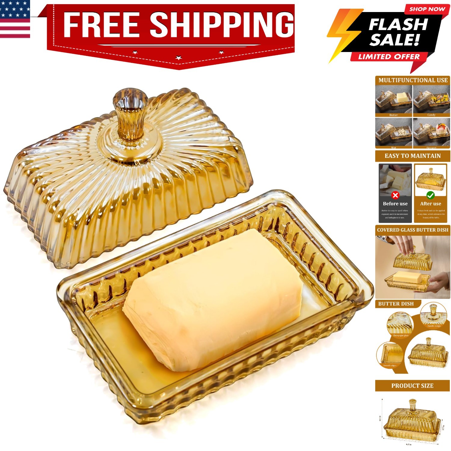 Champagne Color Glass Butter Dish with Lid or Countertop and Refrigerator,Cry…