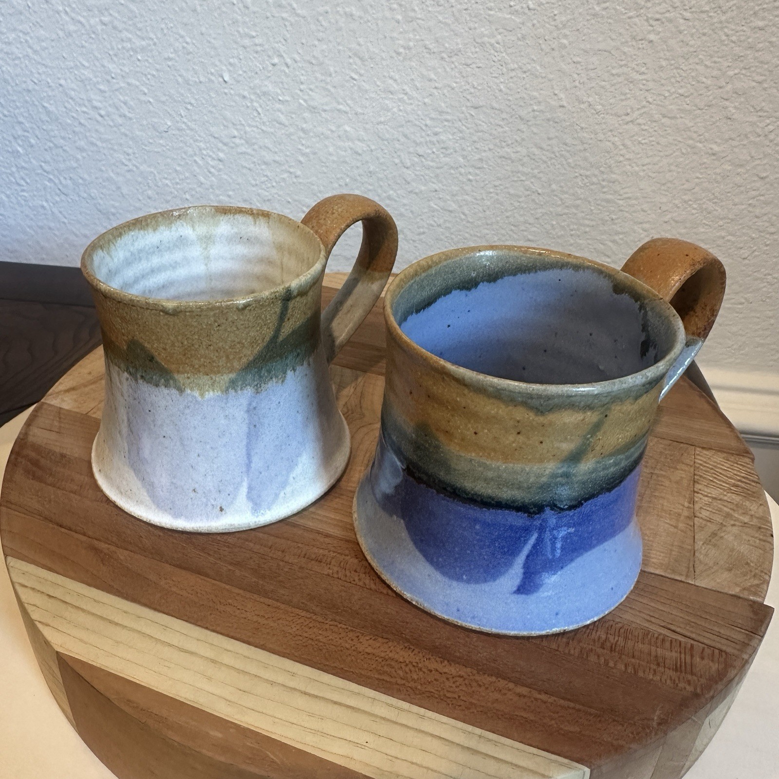 Studio Art Pottery Mugs Set 4 Signed KH Blue Beige Brown Hand Thrown Drip Glaze