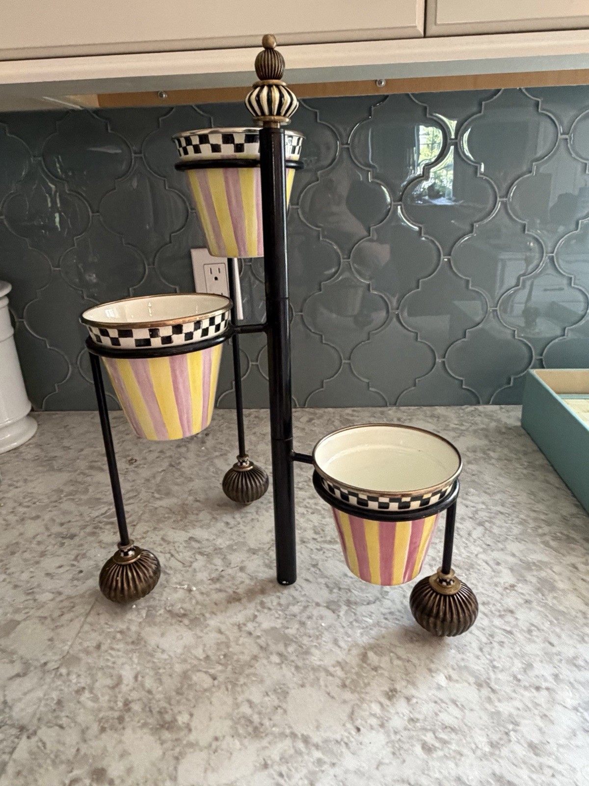 Mackenzie Childs 3 Tier Metal Serving/Plant Stand Courtly Check New In Box Rare