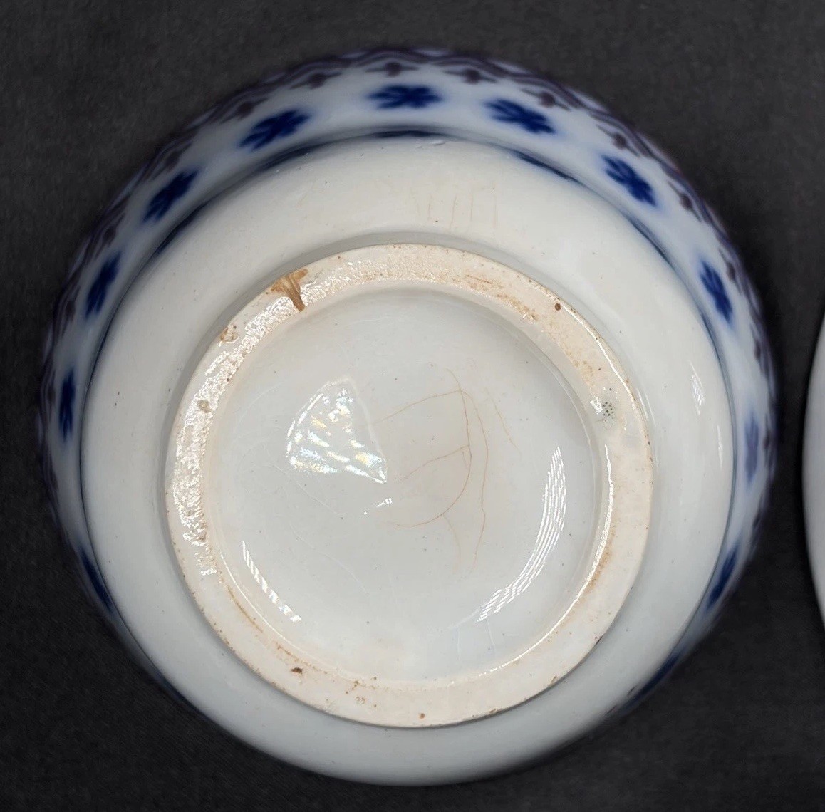 Antique Staffordshire Flow Blue Amish Snowflake Handleless Cup Saucer c1840