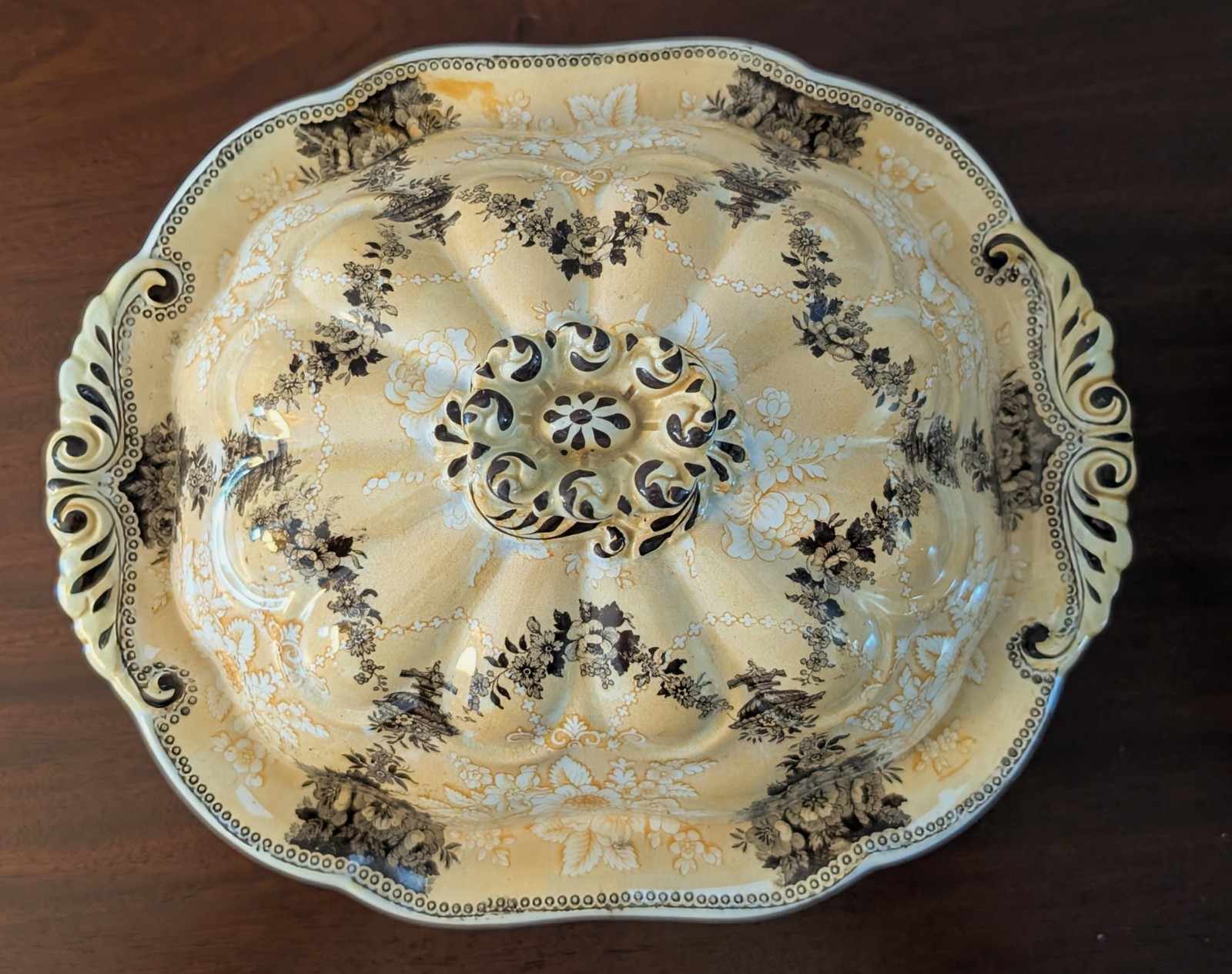 Rare 1830s Two Color Yellow and Brown Transferware Covered Bowl~Etruscan Festoon
