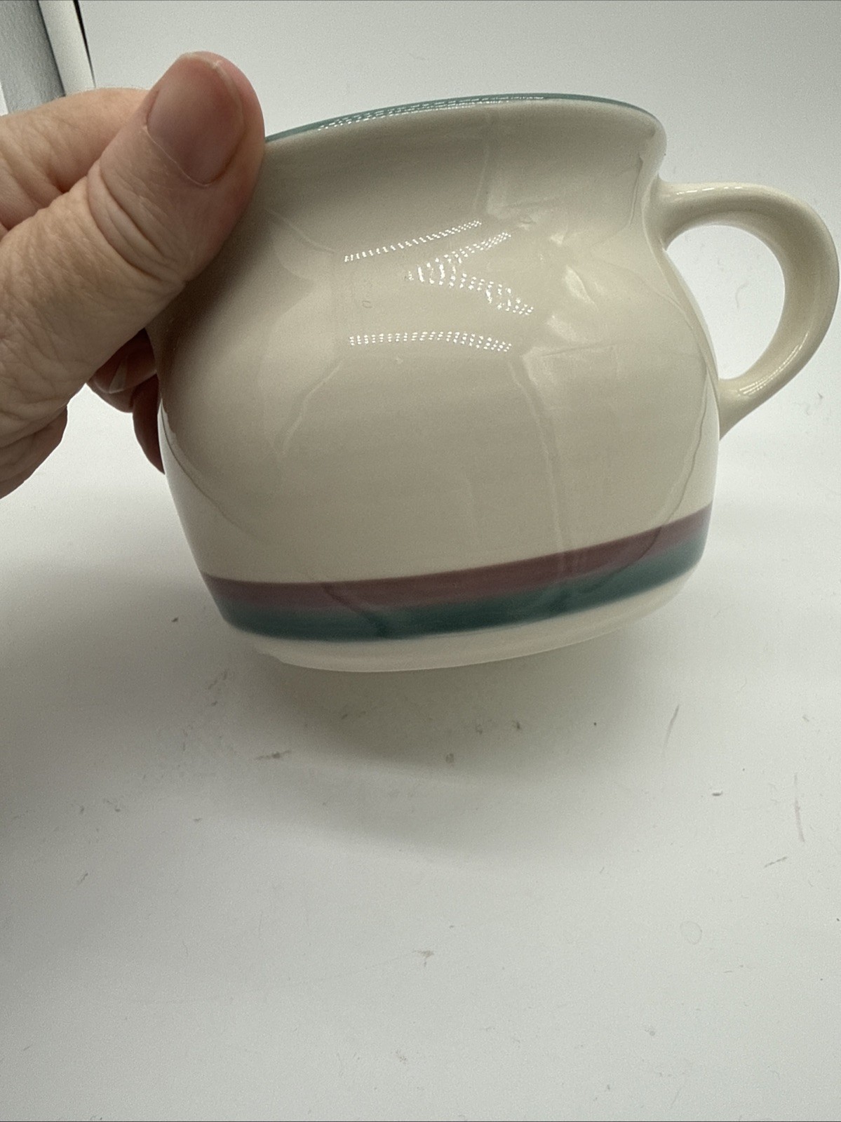 Pfaltzgraff Juniper Creamer Saucer Pitcher Ivory Green / Mauve Bands Made In USA