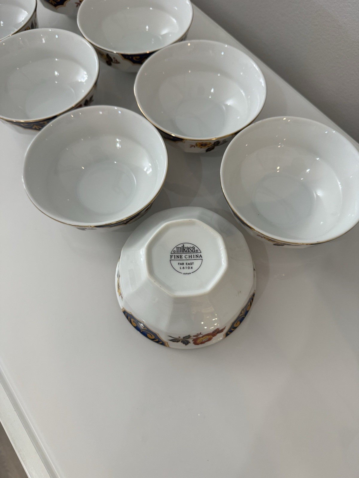 8 Vtg Mikasa Fine China Bowls Far East L6104 Blue Gold Rust Floral Octagon Japan