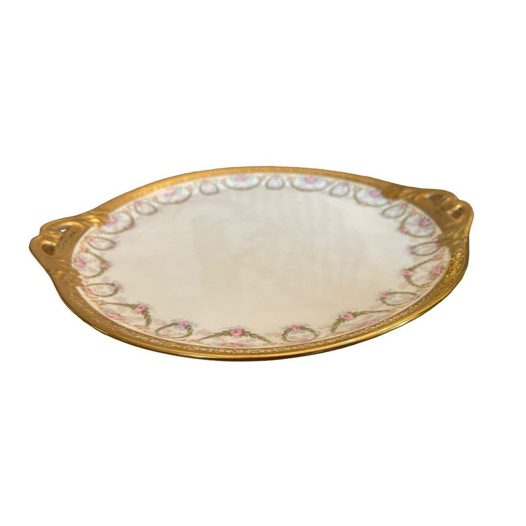 Redon Handled Cake Plate Rose Garland Wreath Pattern Vintage 11″ Gold Verge