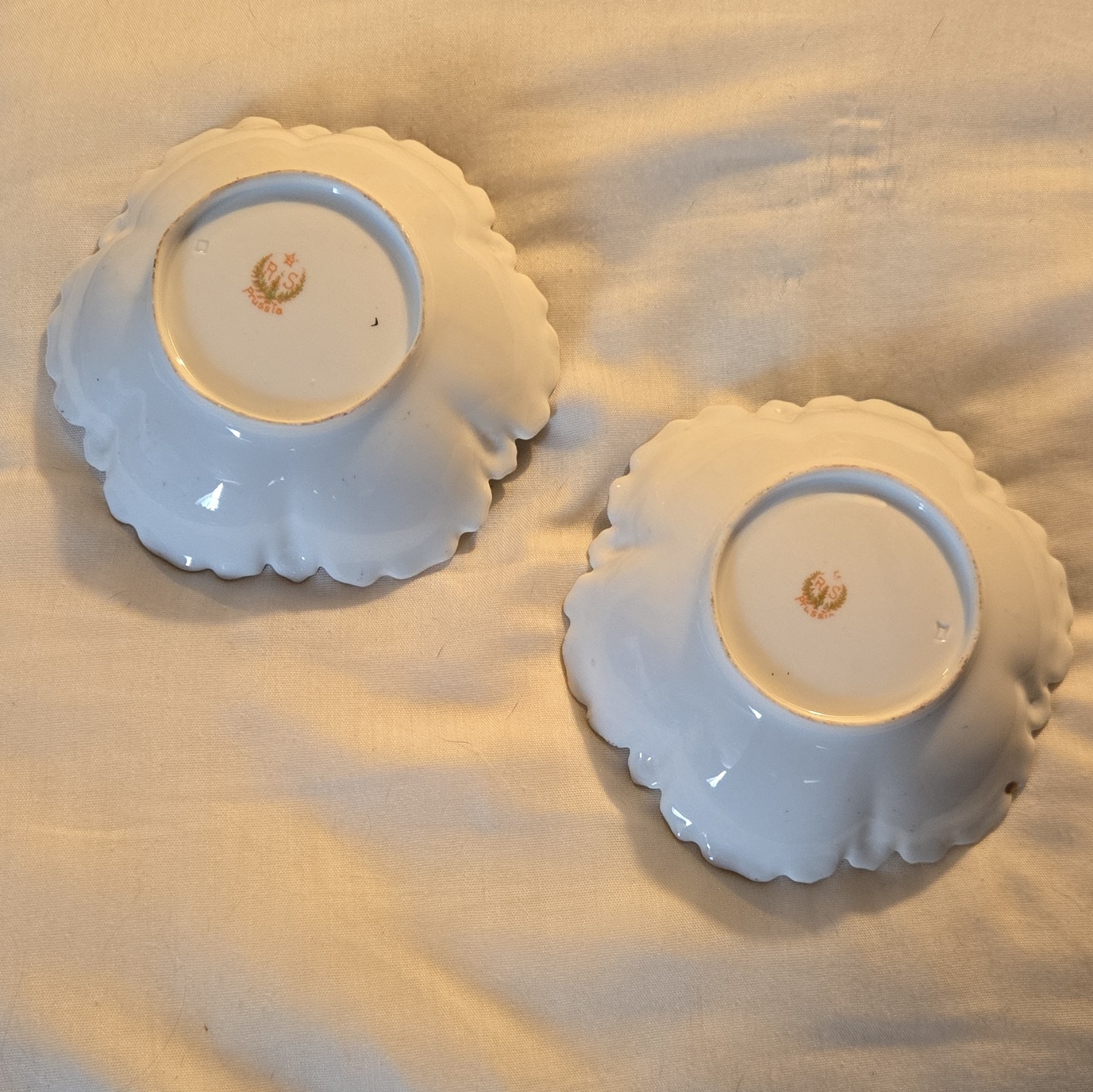 RS Prussia Hand Painted Floral Porcelain Bowls, Scalloped Green White Gold