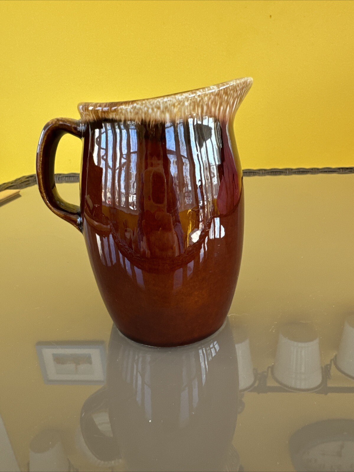 Vintage Hull Pottery Brown Stoneware Drip Glaze Pitcher Style Creamer 4.25”