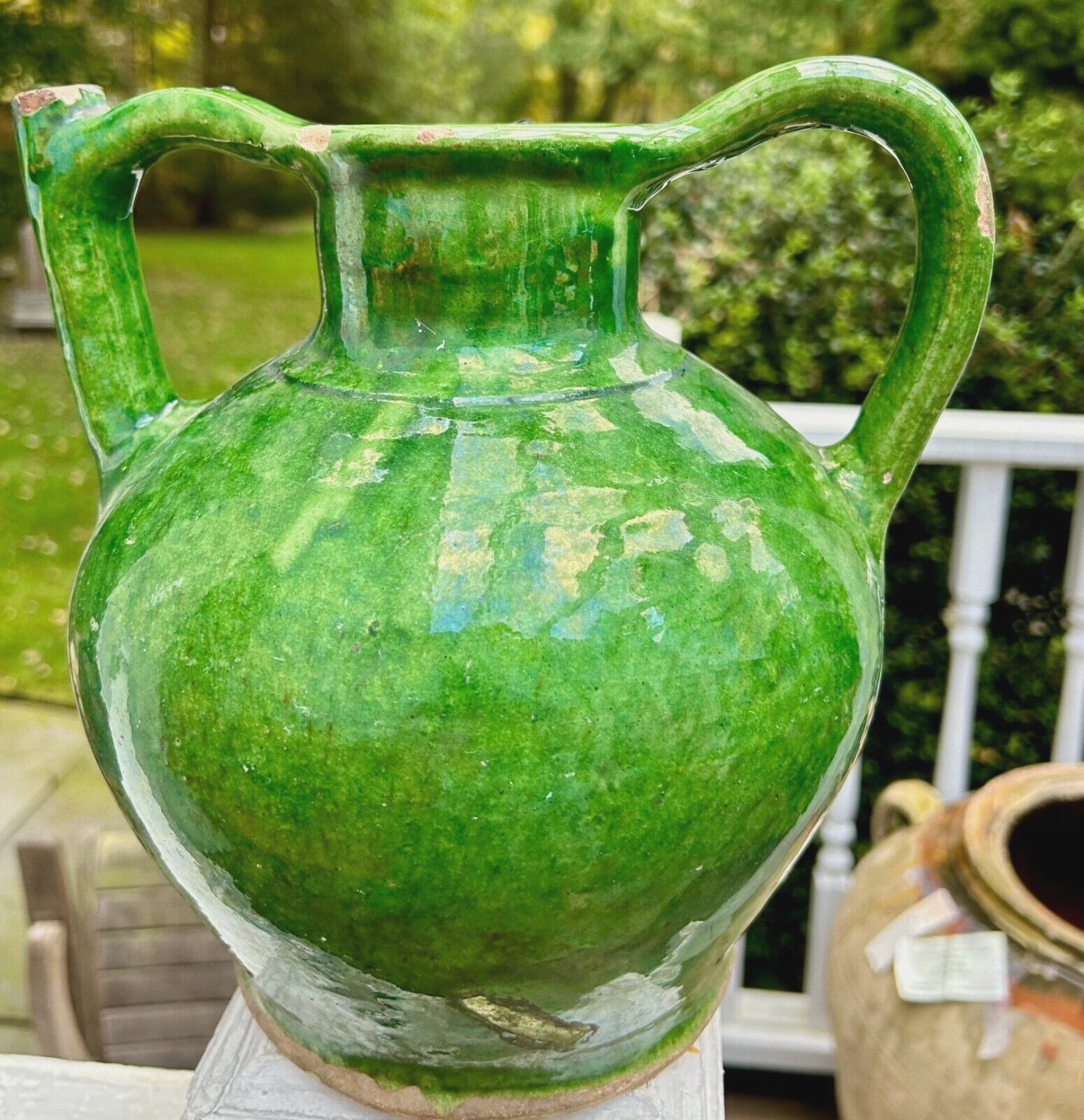 FRENCH ANTIQUE CONFIT POTTERY TERRA COTTA GREEN GLAZE CERAMIC EARTHENWARE