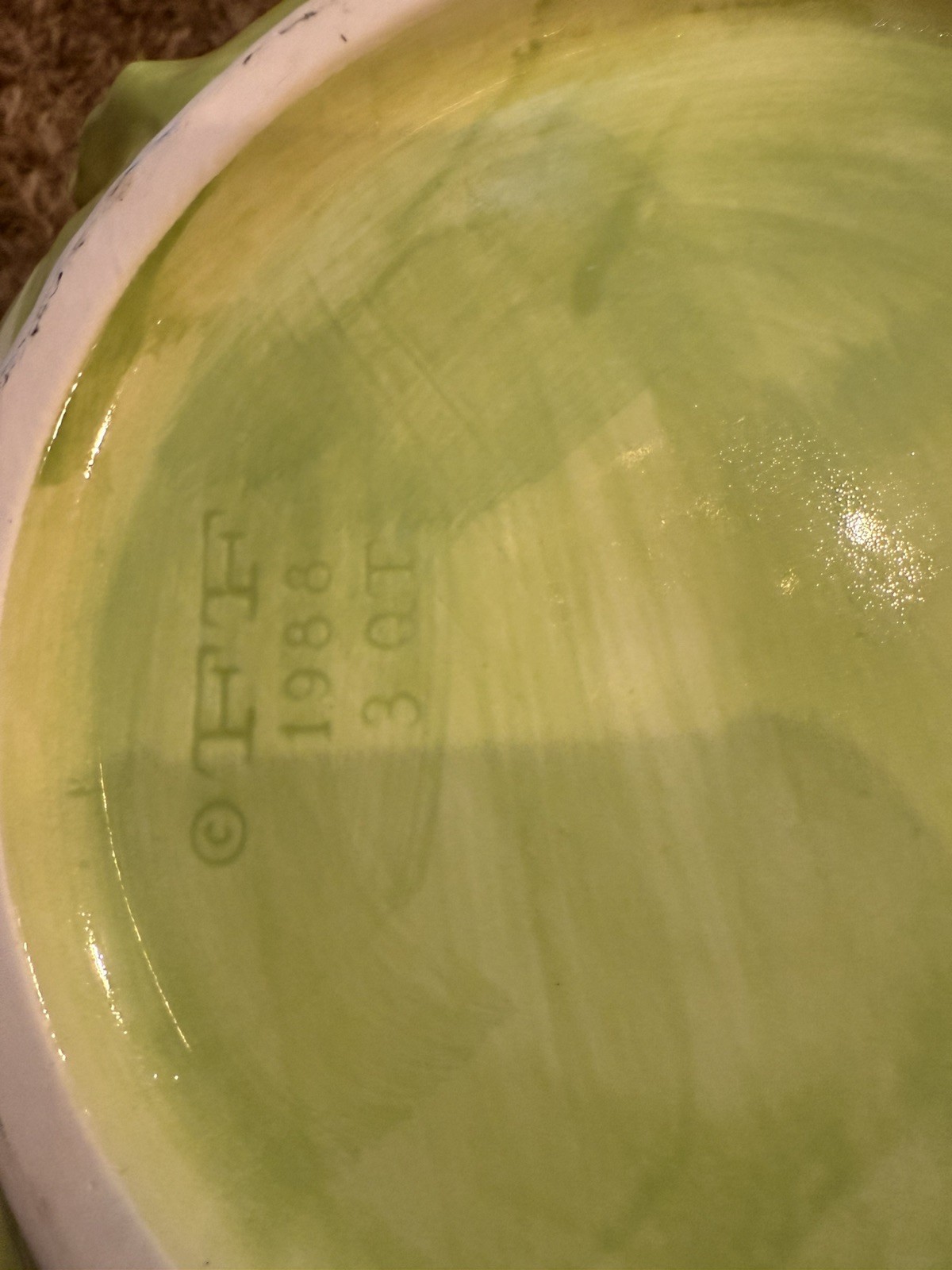 Green Ceramic Lettuce Cabbageware Serving Tureen w Lid, Ladle, ff 1988 3 qt bowl