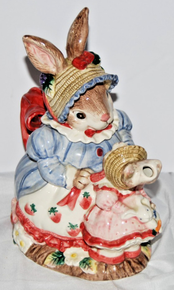 VTG 1992 Fitz and Floyd Bunny Bonnet Hill Ceramic Teapot Mother Baby Rabbit 40oz
