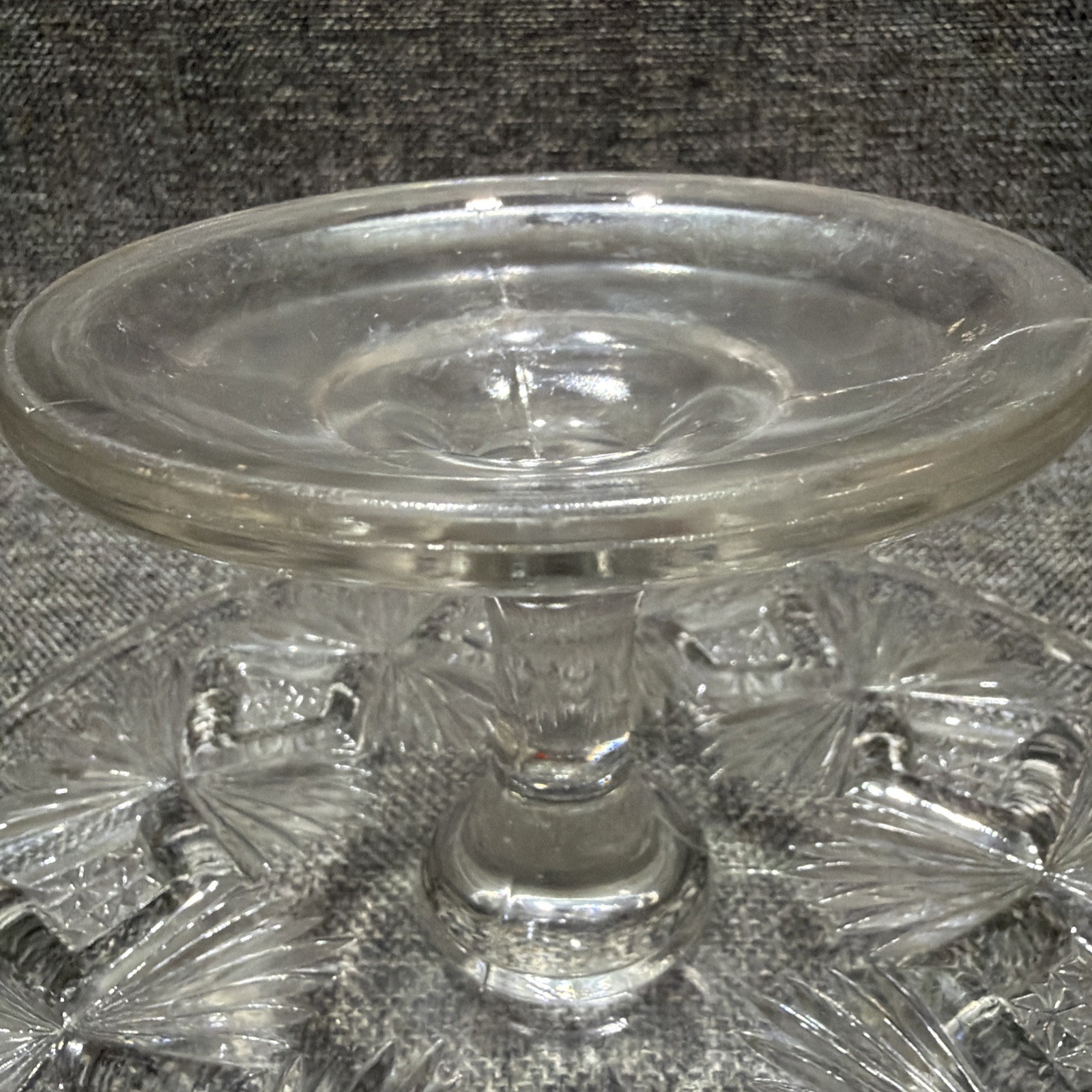 EAPG Bryce Higbee Melrose Cake Stand Sheaf and Diamond Clear Glass 1894 UV Glow