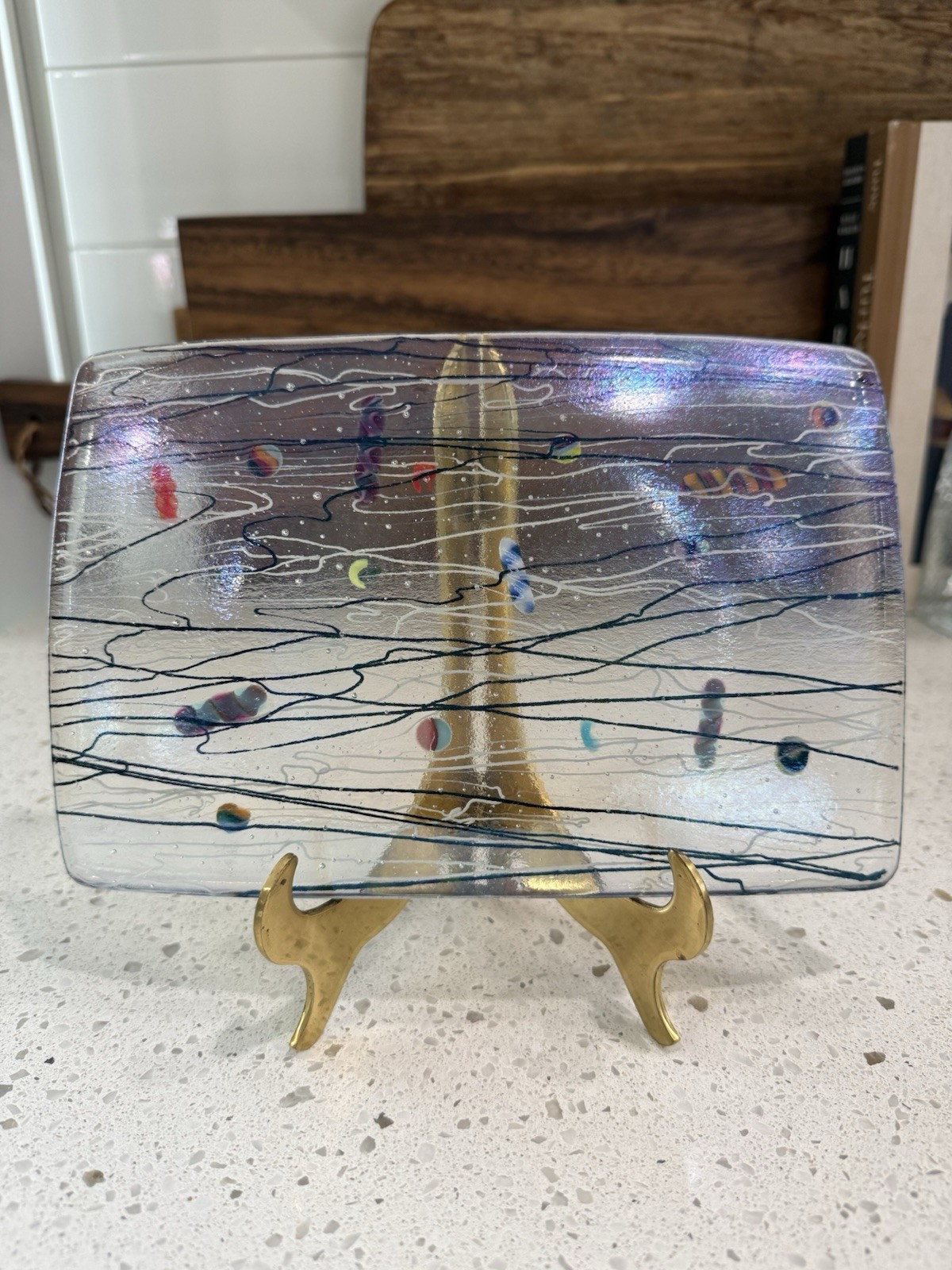 VTG Signed Kurt McVay Mod Iridescent Abstract Geometric Pattern Fused Art Glass