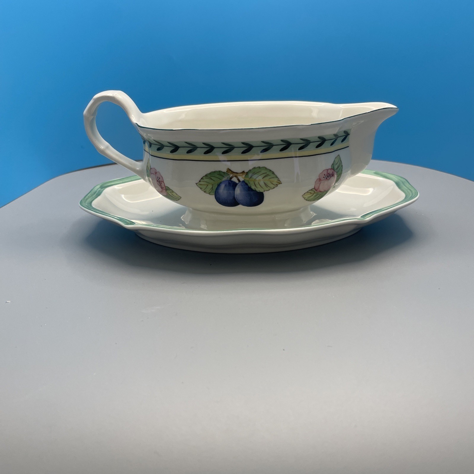 Ceramic Gravy Boat w/Underplate, Fruit and Leaf Motif, Green Rim