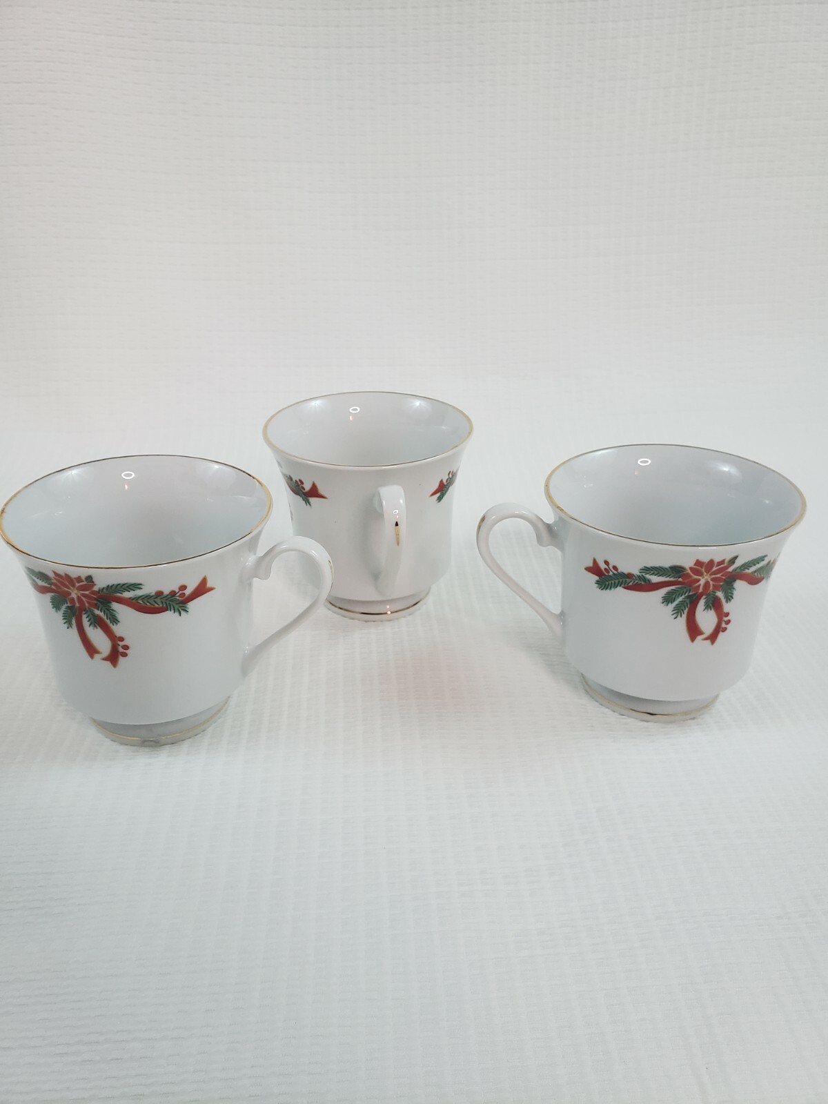 6 Tienshan Poinsettia Red Ribbon Ceramic Fine China Teacups Saucers