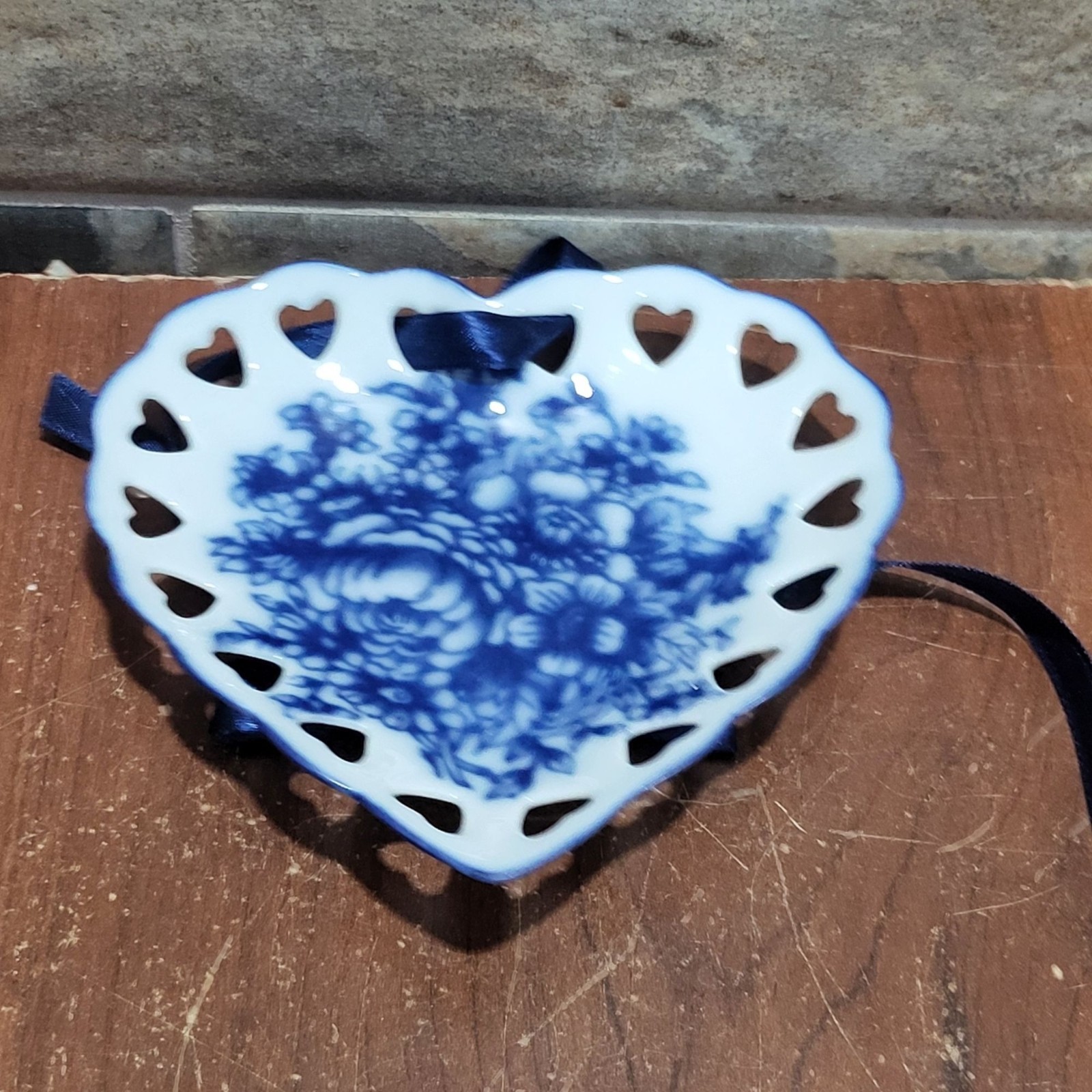 VTG Heart Decorative Plate Blue Floral White Porcelain Pierced Lattice Border