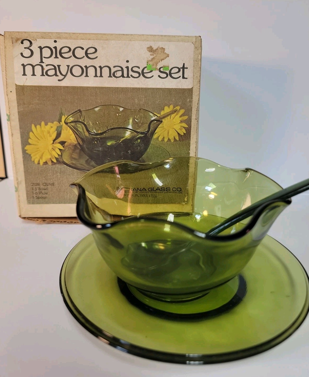 VINTAGE Indiana Glass 3 Piece Mayonnaise Set 2128 Olive Green Original Box 1970s